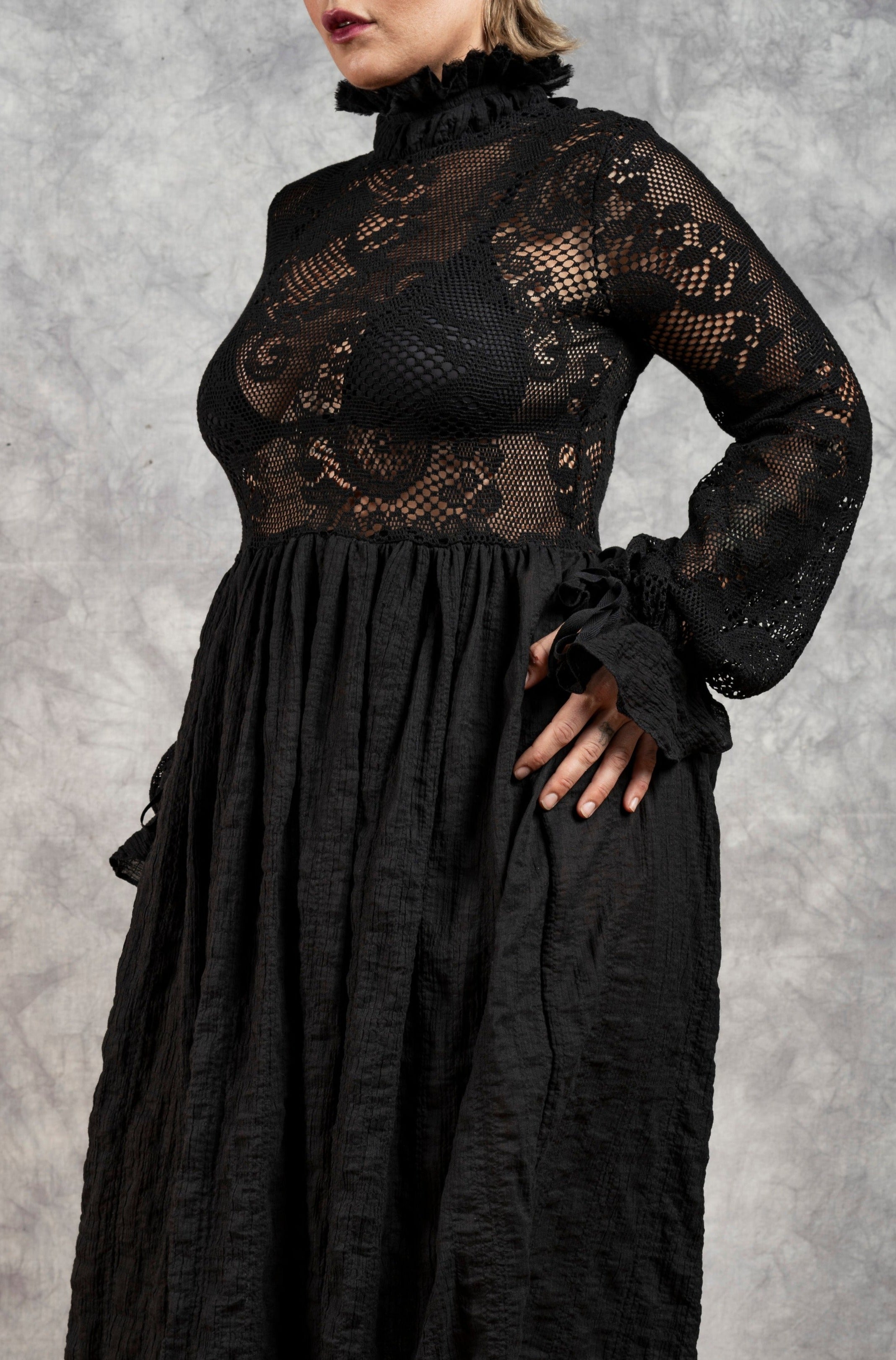 "Edith" Lace High Collar Dress in Black