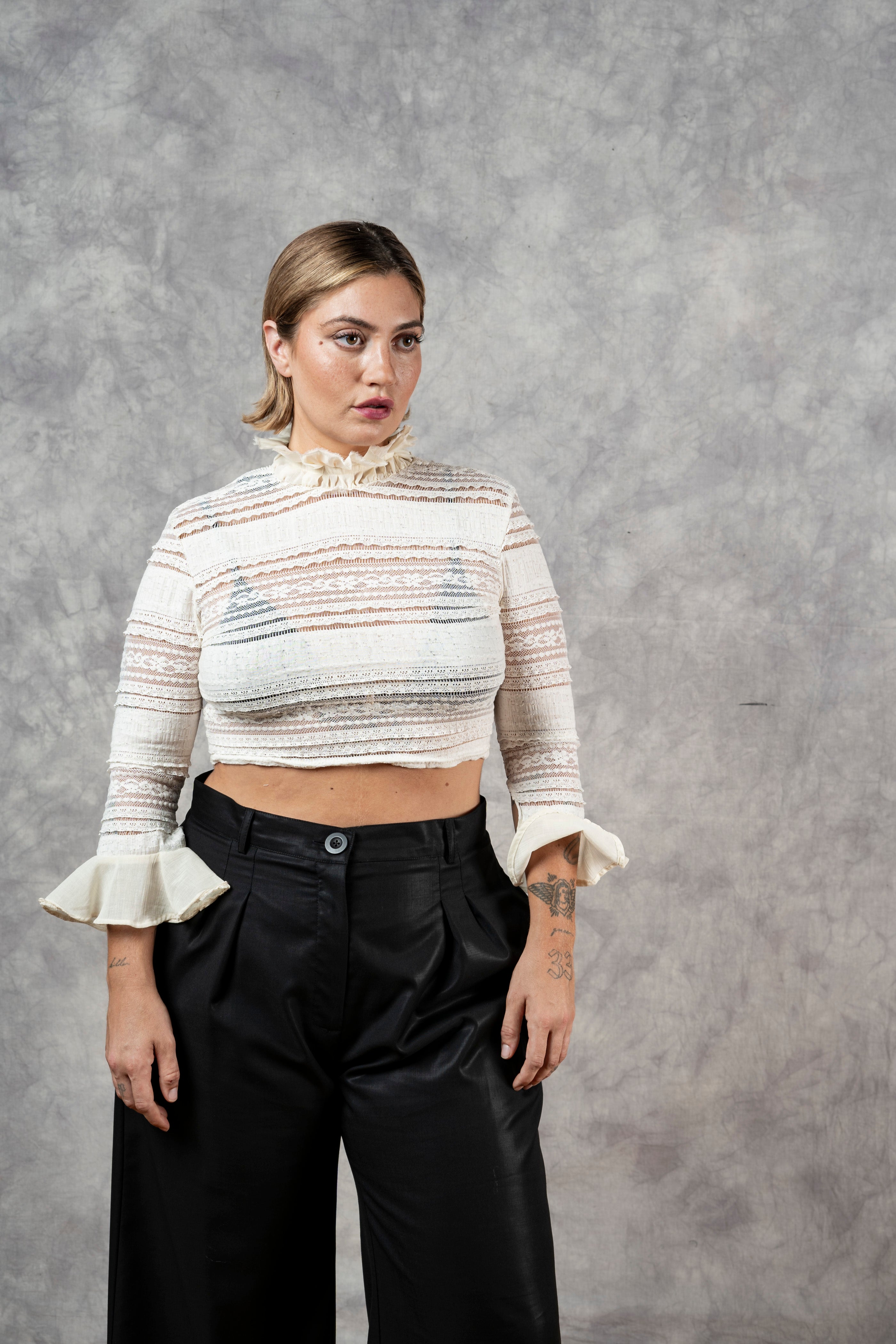 Lace High Collar Top In Ivory