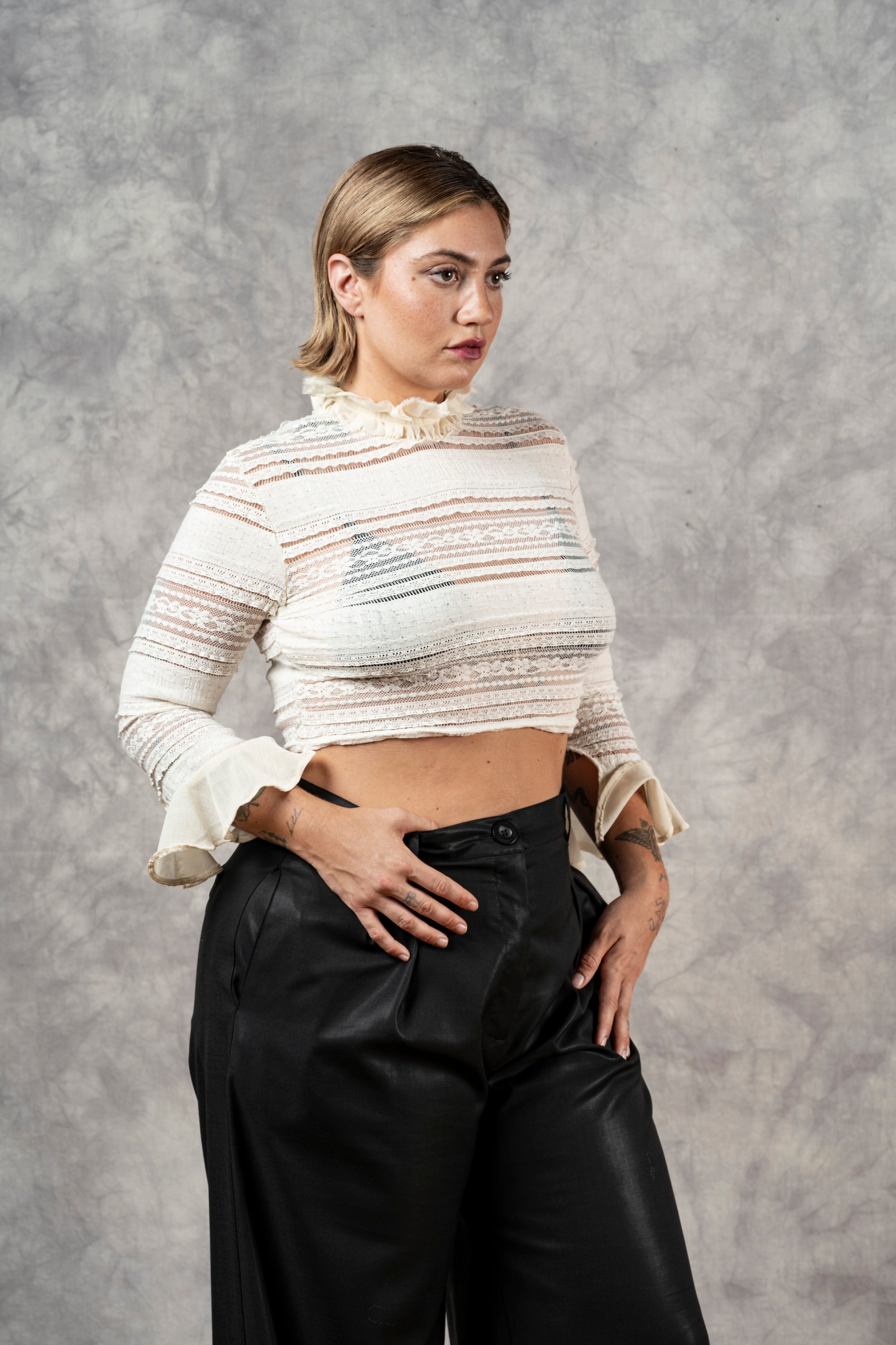 Lace High Collar Top In Ivory