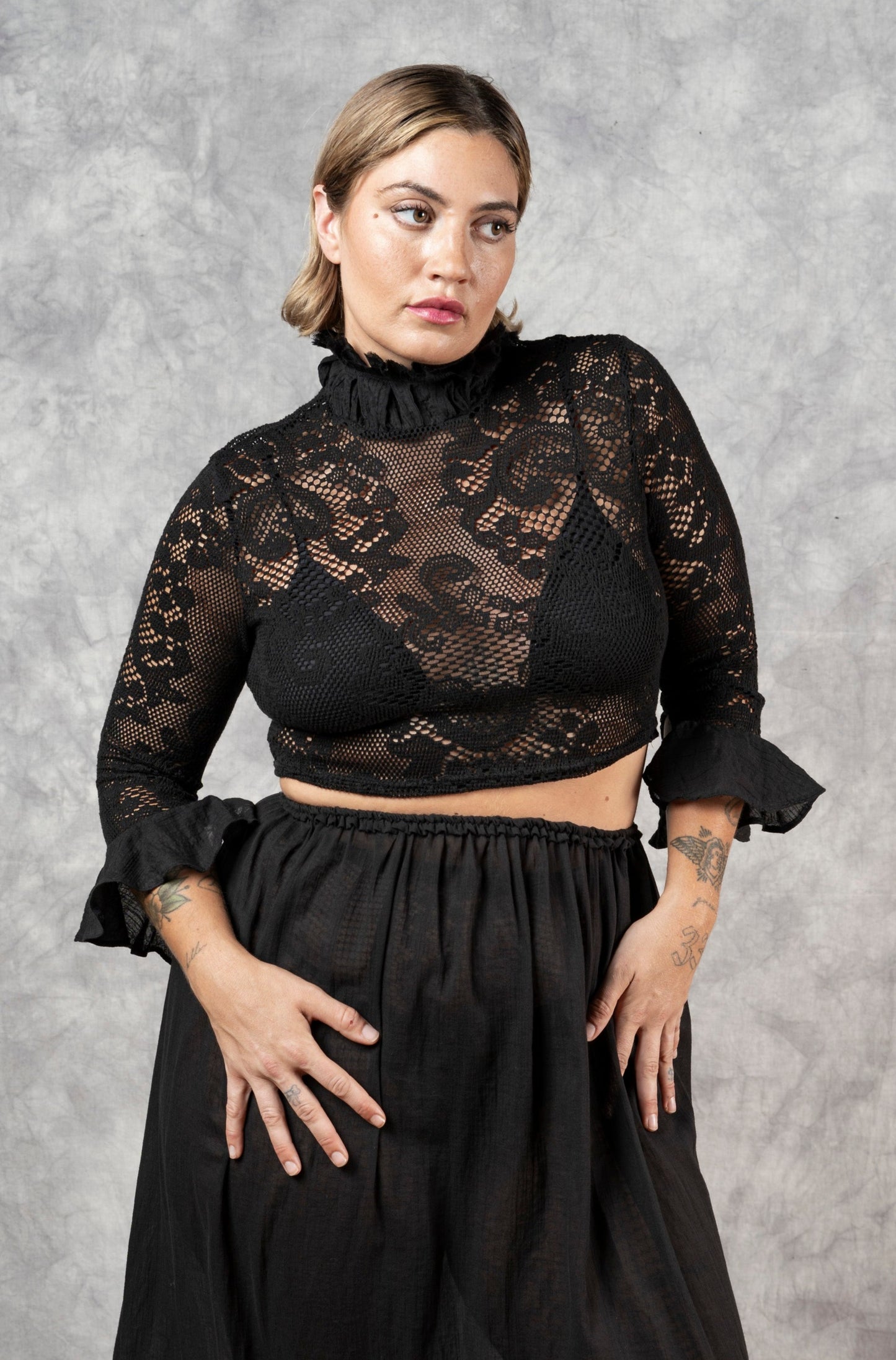 Lace High Collar Top in Black