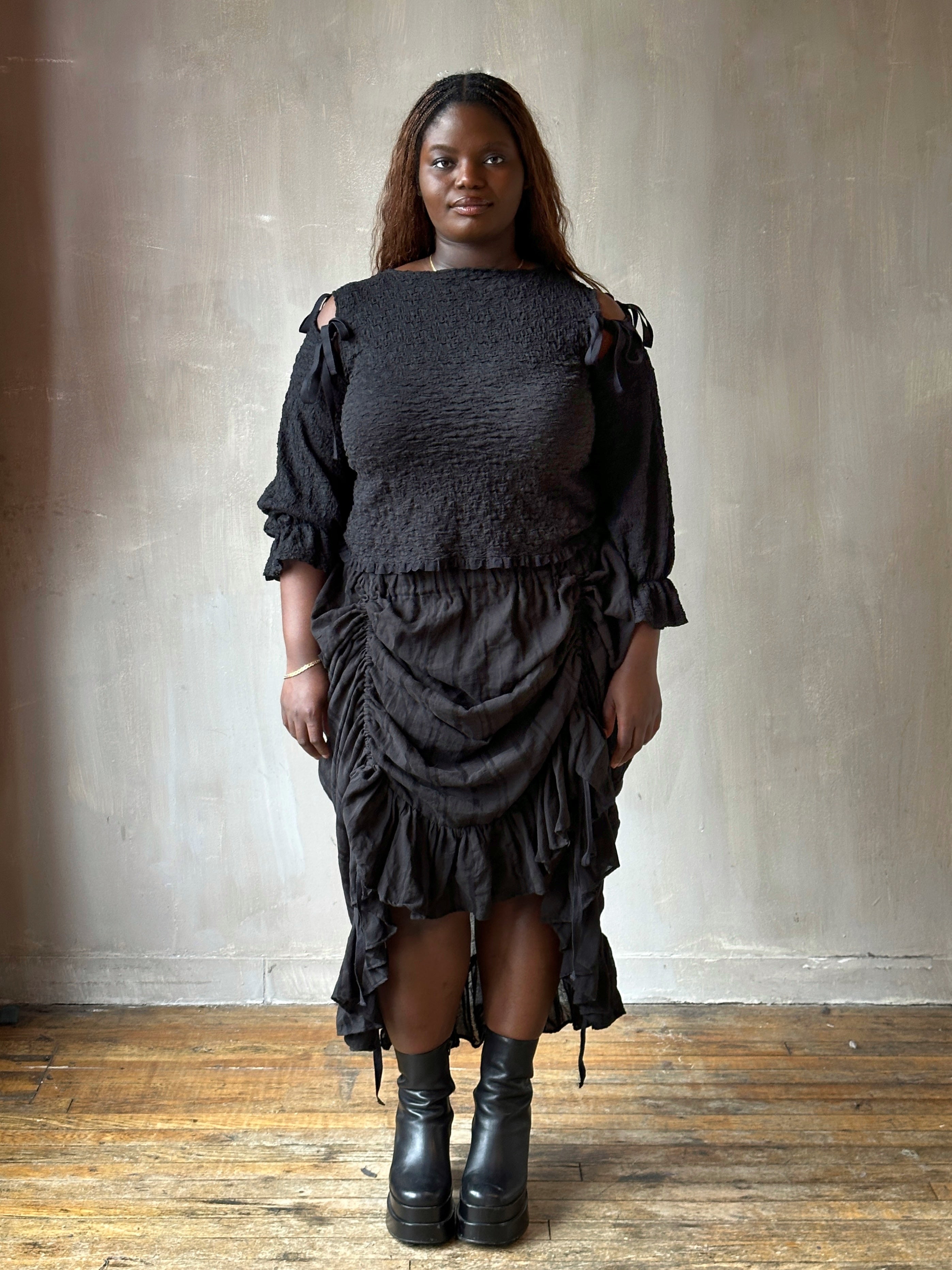 Spring'26: Detached Half Sleeve Top in Textured Black Cotton (Pre-Order)