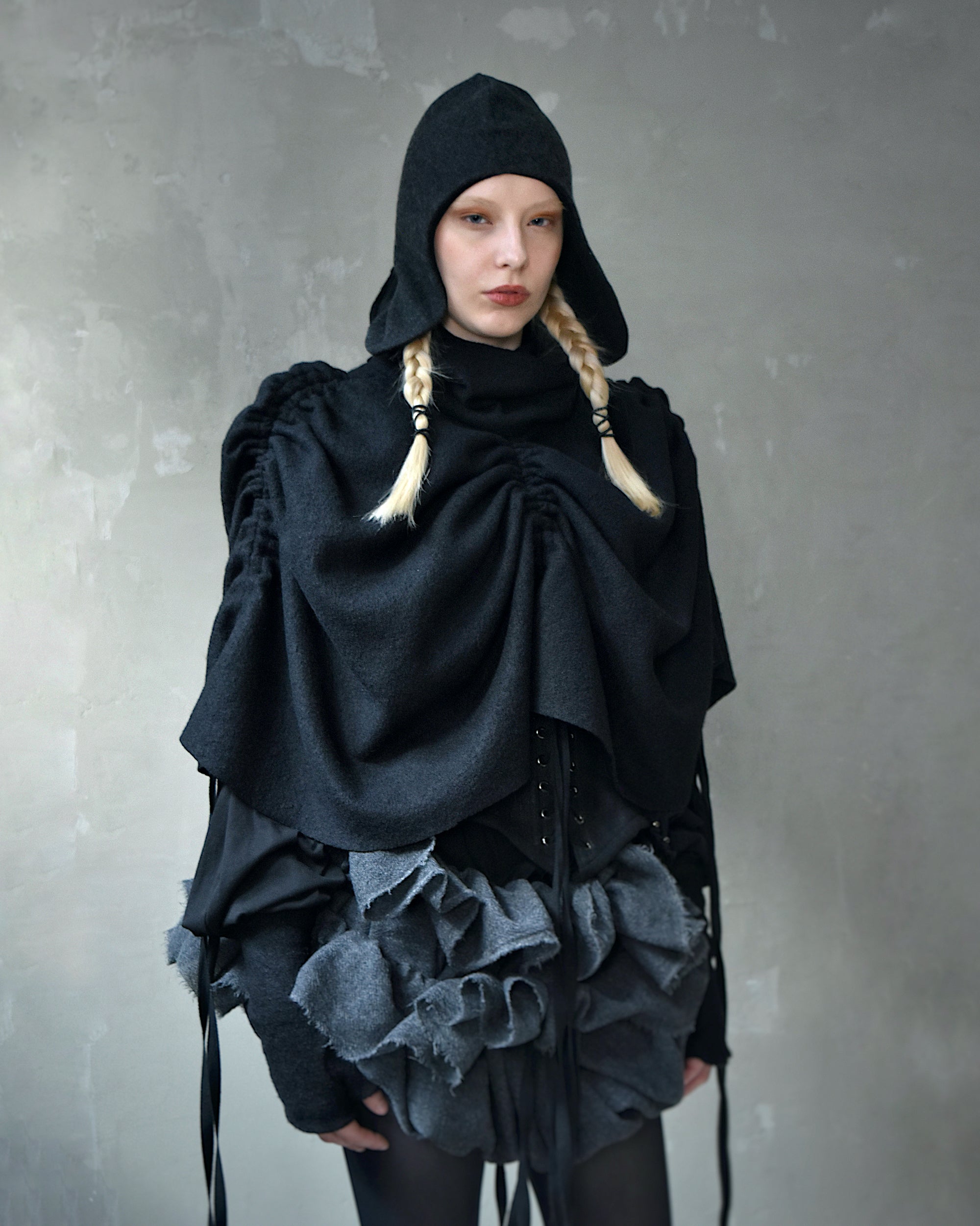 Ruched Capelet in Black Wool