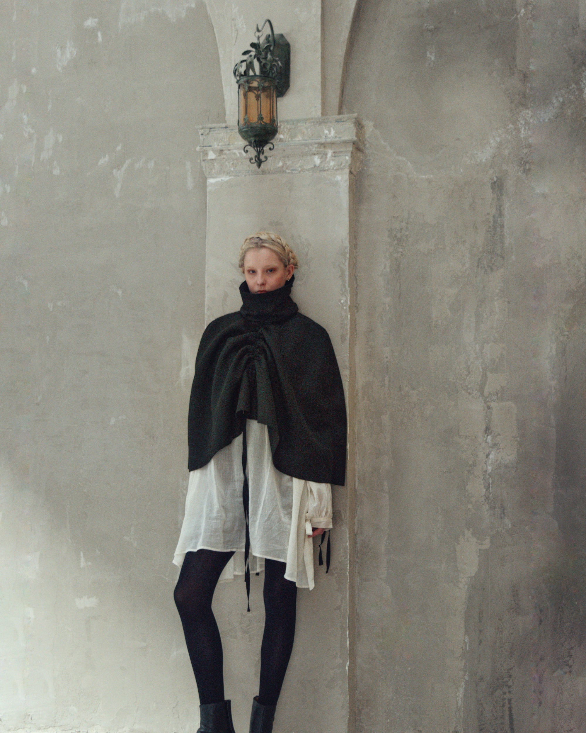 Ruched Capelet in Black Wool