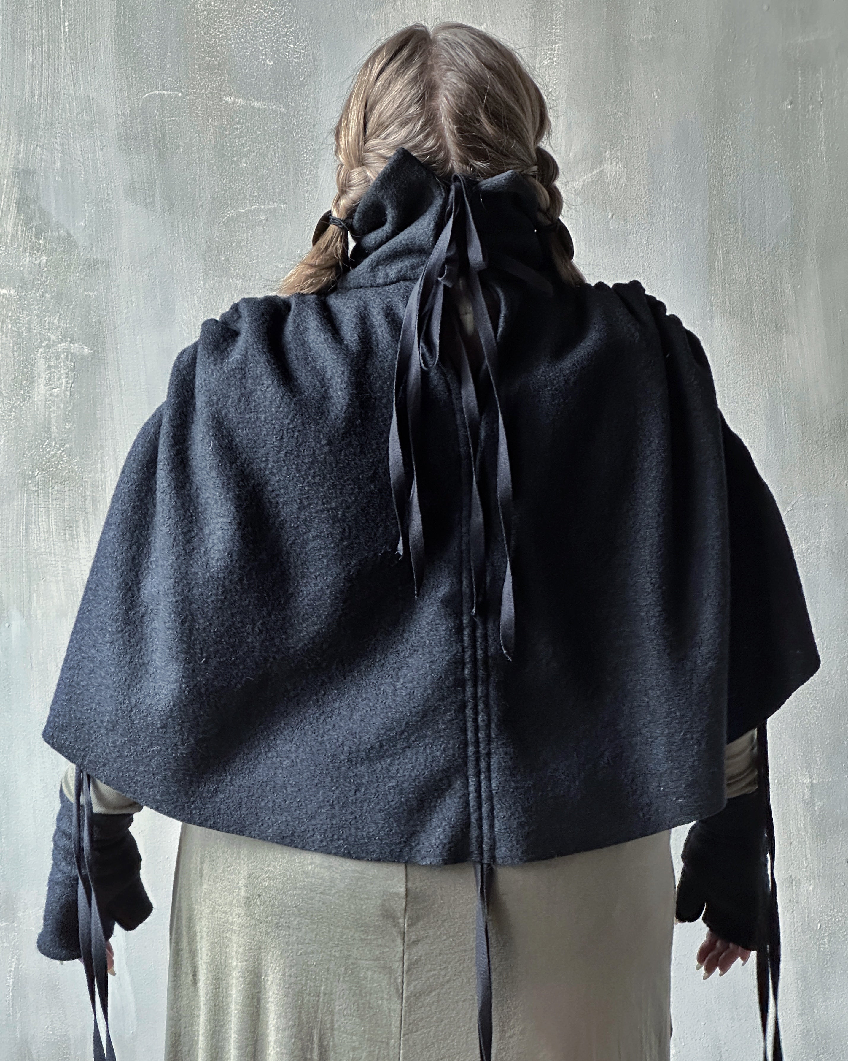 Ruched Capelet in Black Wool