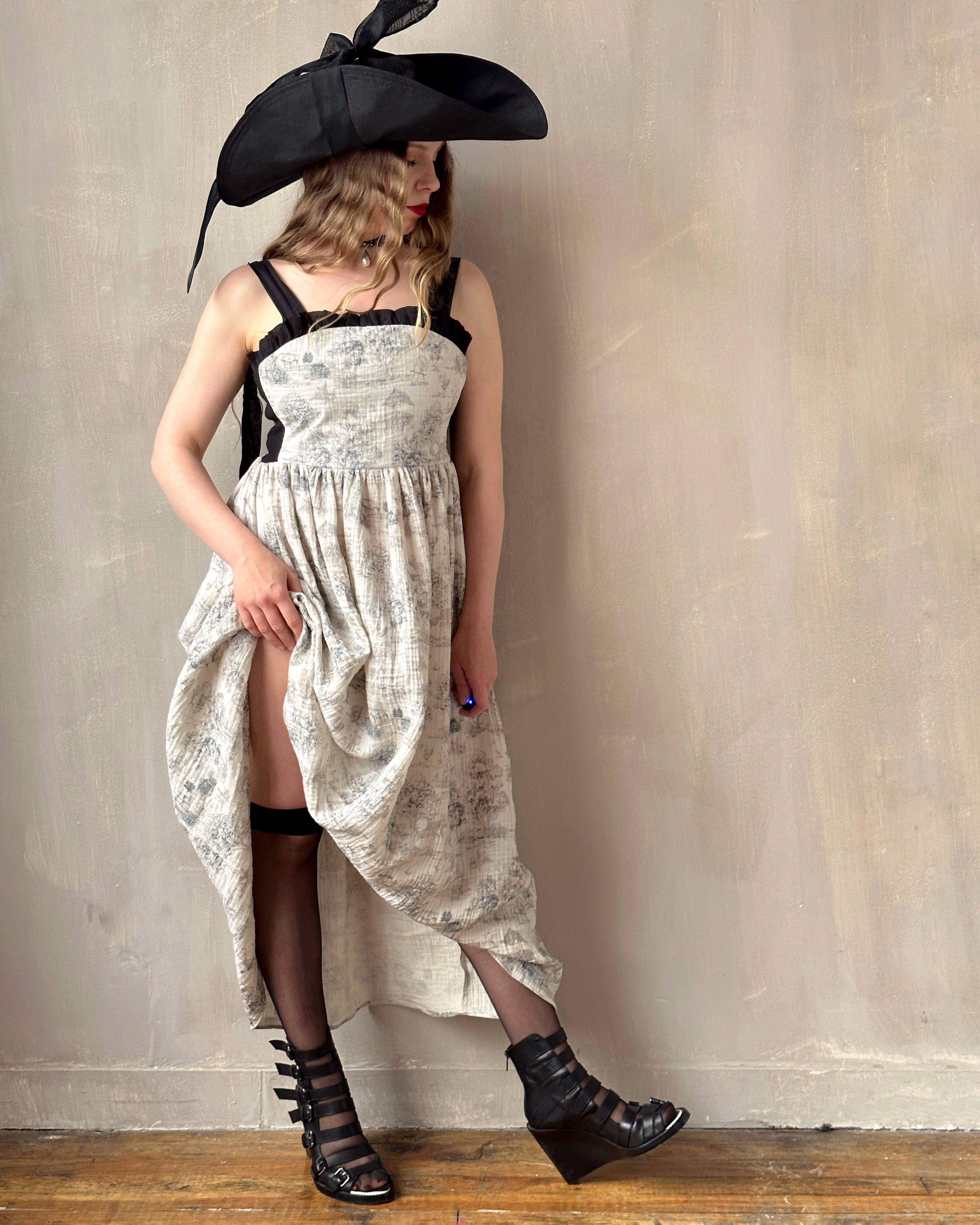 Black Linen Sun Hat with Silk Ties (Made-to-Order)