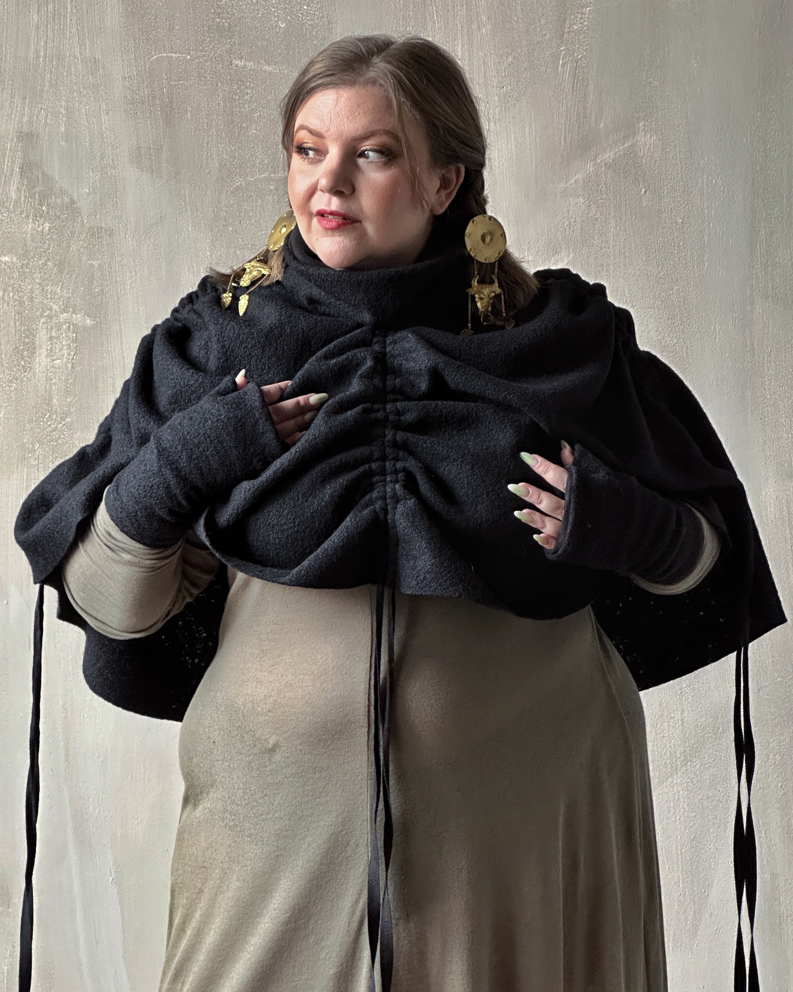Ruched Capelet in Black Wool