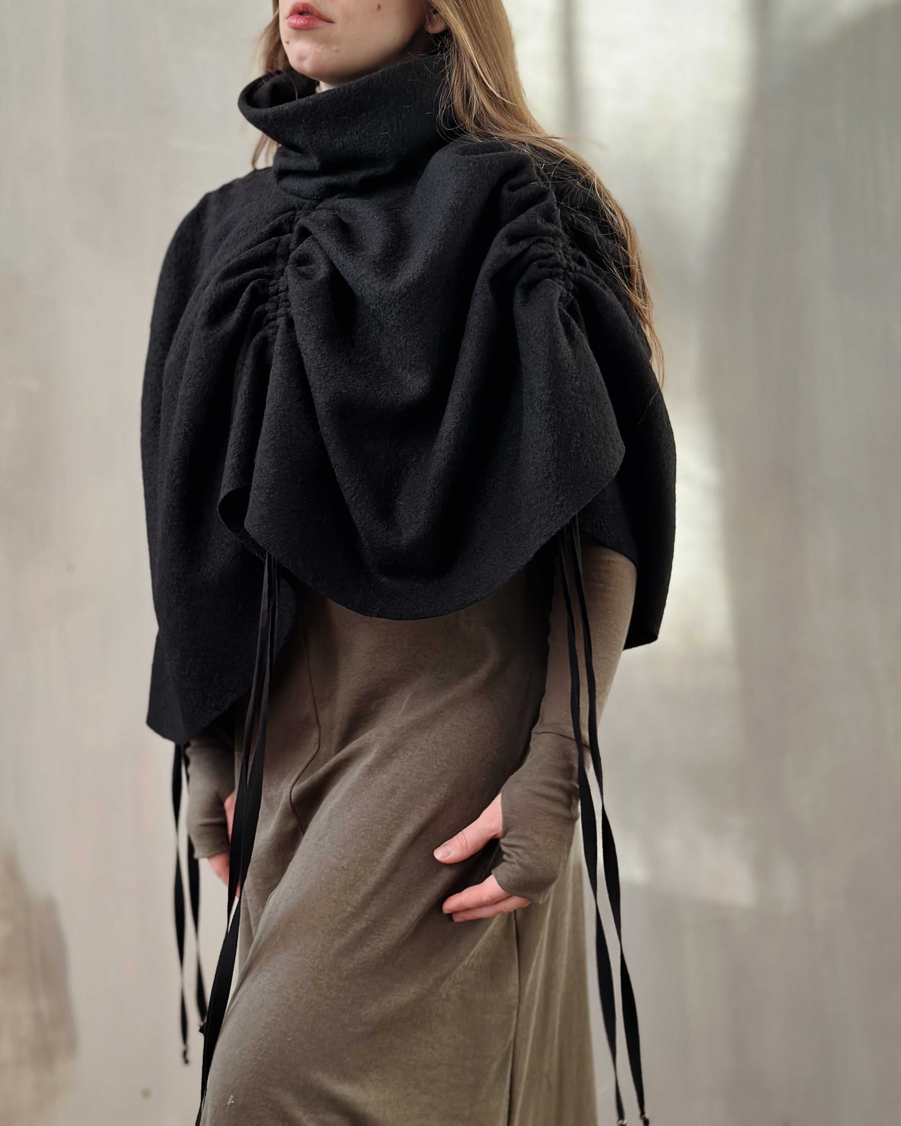 Ruched Capelet in Black Wool
