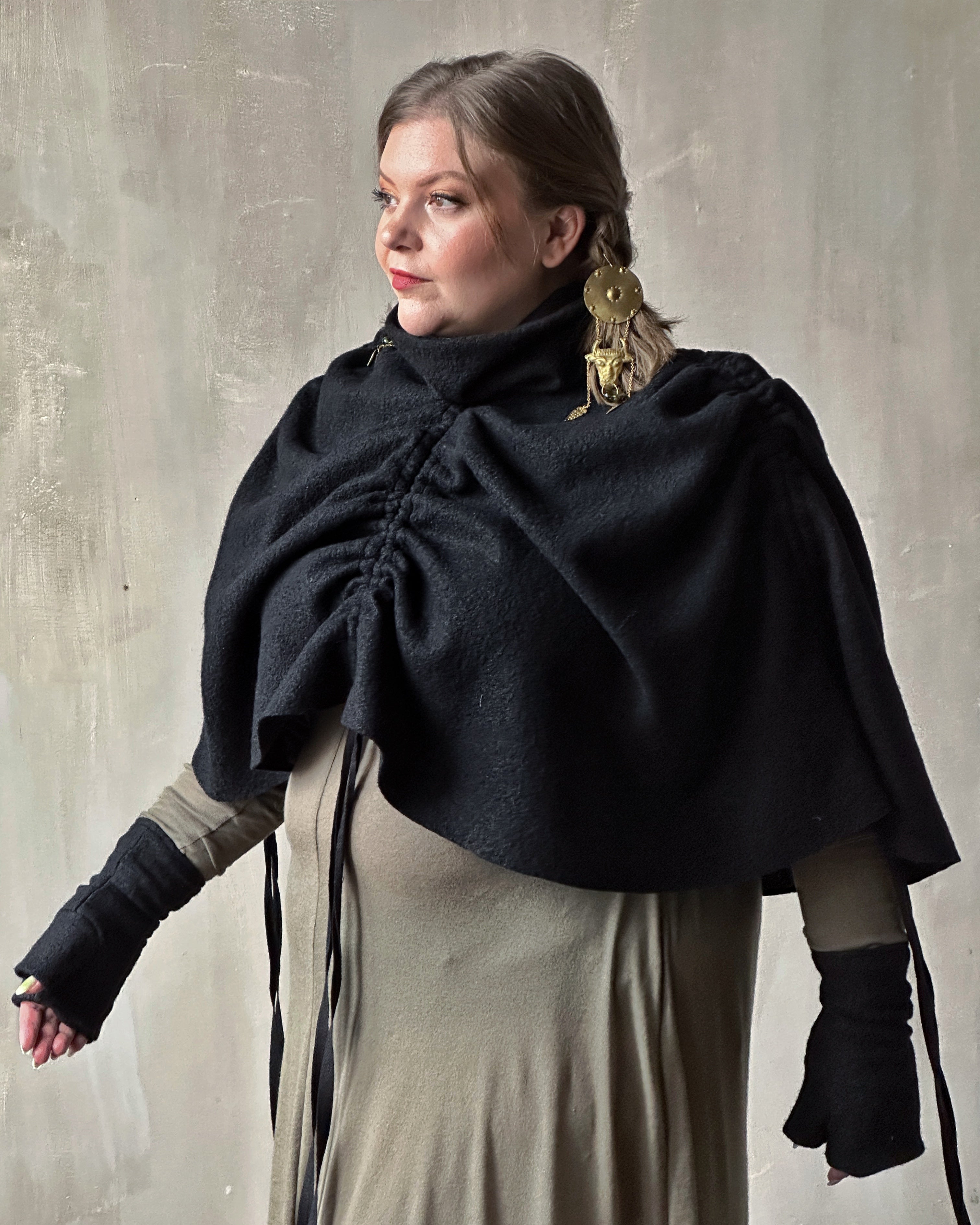Ruched Capelet in Black Wool
