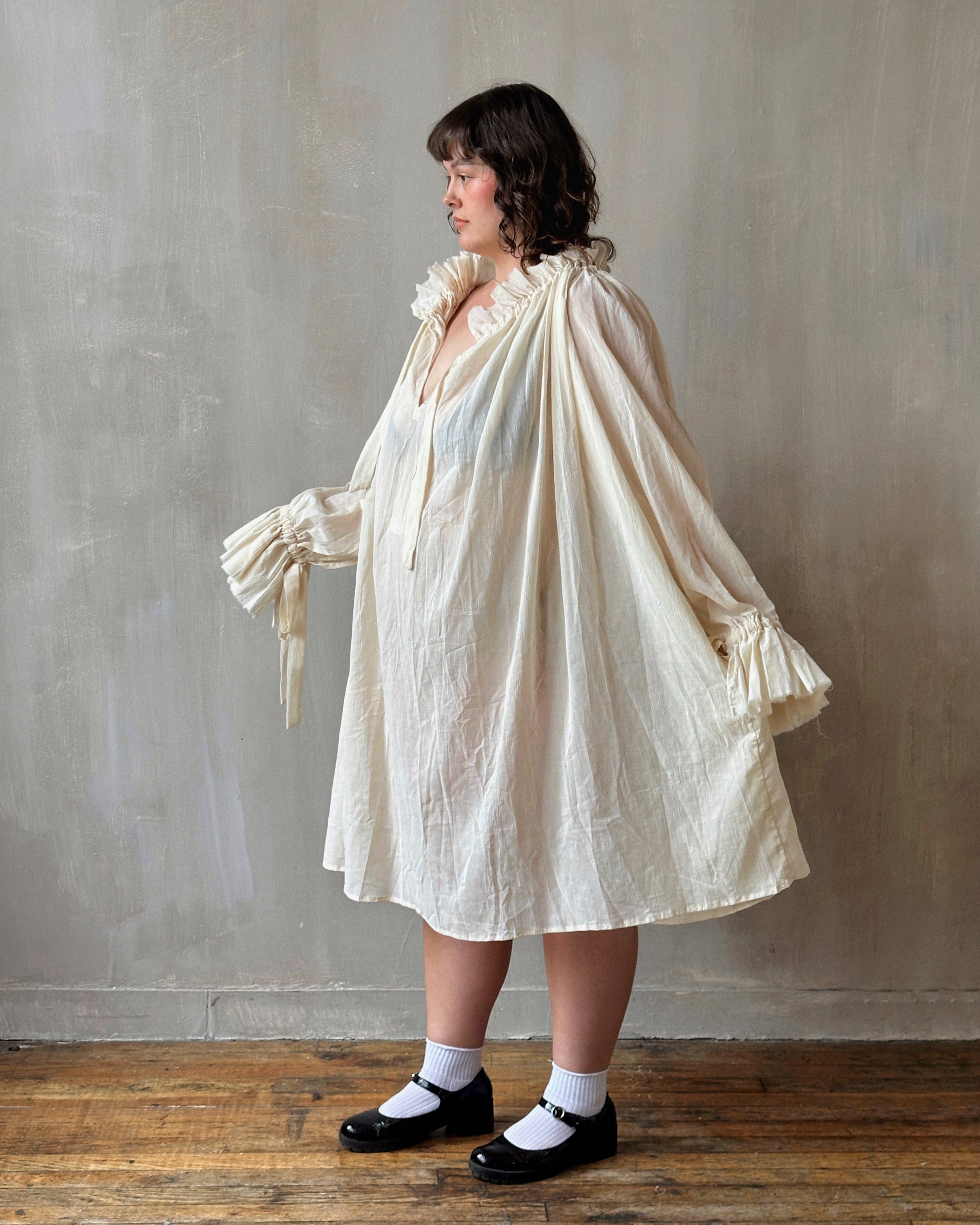 maxi chemise dress Historically Inspired Sheer Smocked Chemise Dress in Ivory Floral Cotton M