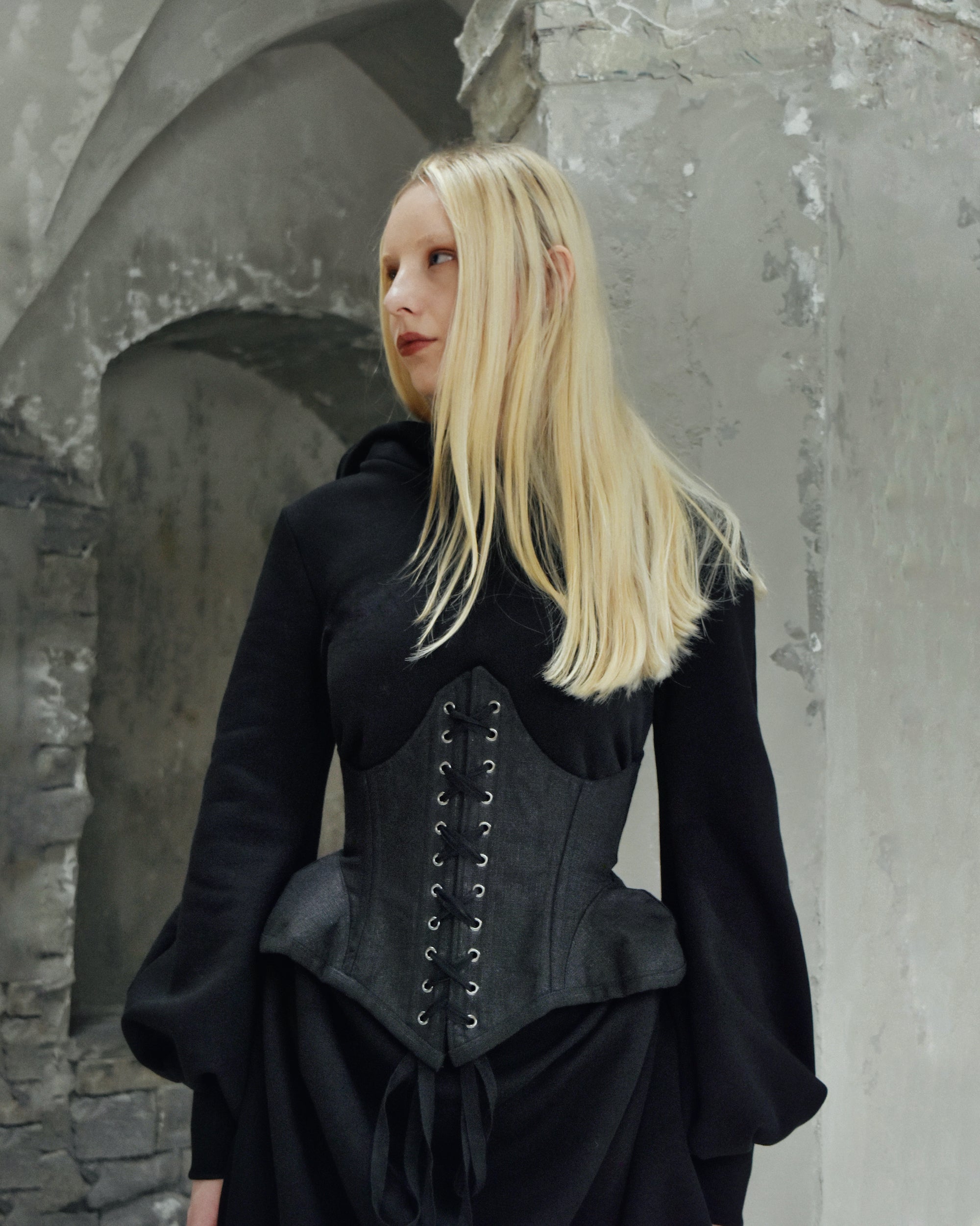 Spring '25: Underbust Pannier Corset in Black Linen (Pre-Order)
