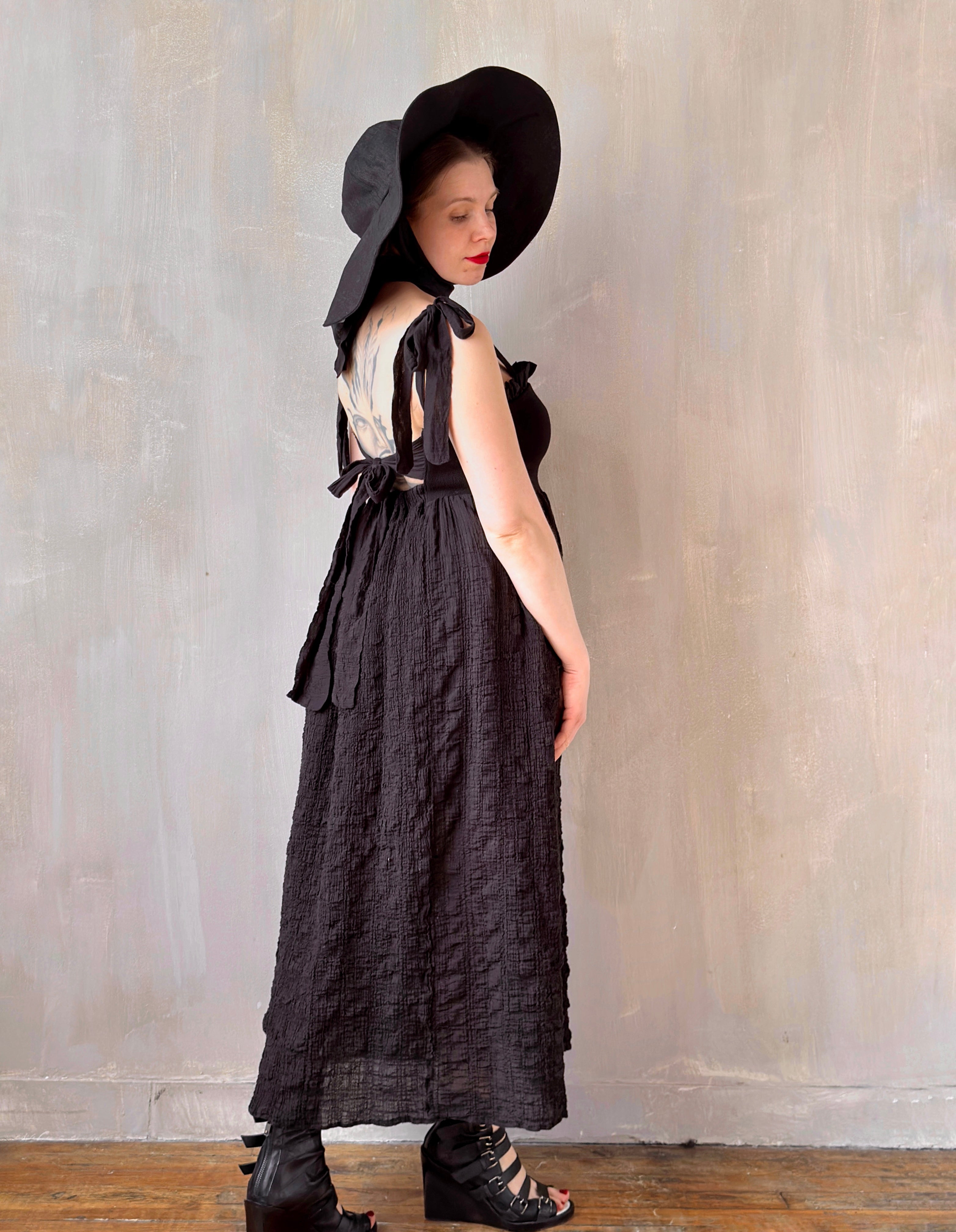 Black Linen Sun Hat with Silk Ties (Made-to-Order)