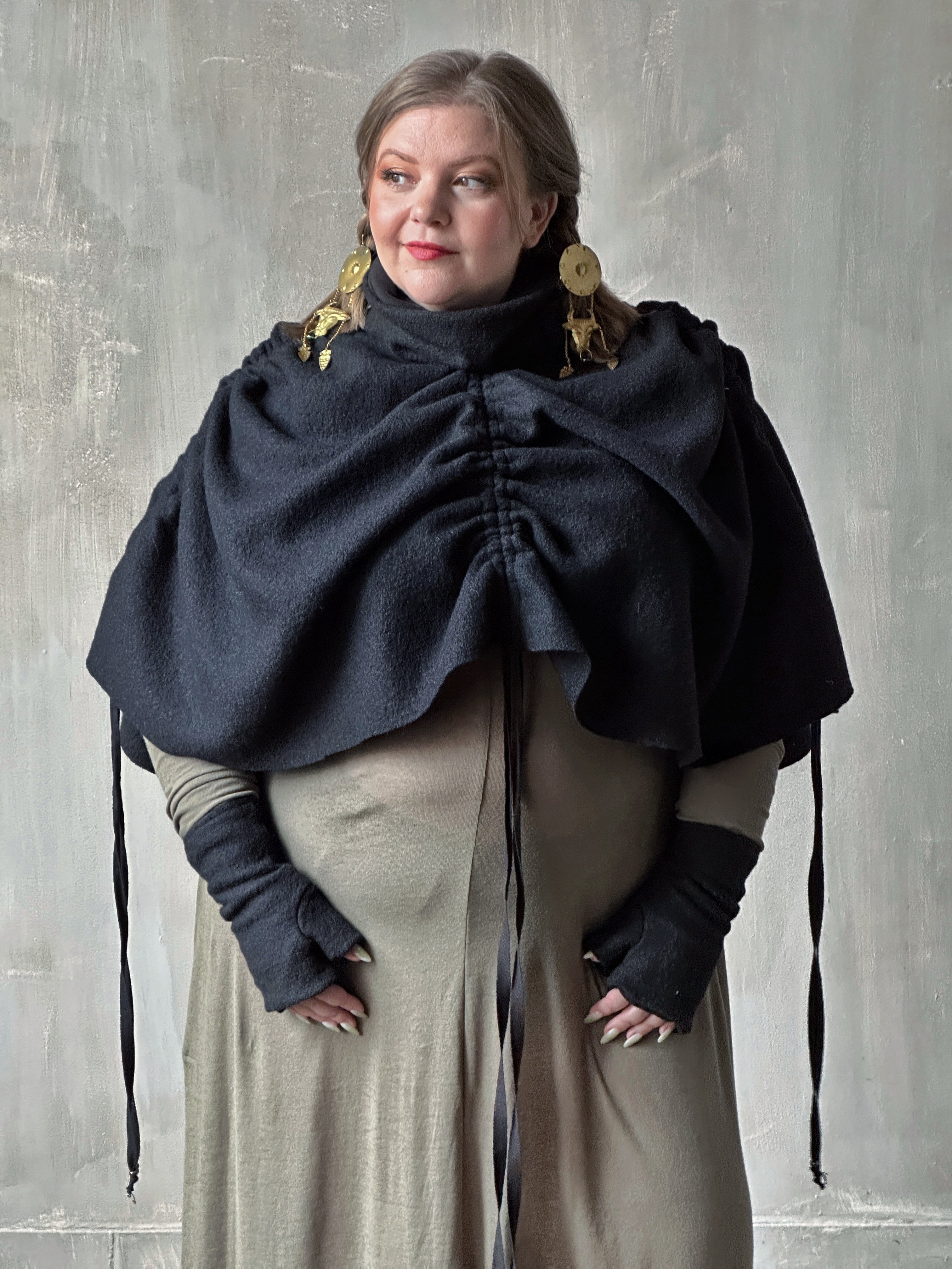 Ruched Capelet in Black Wool
