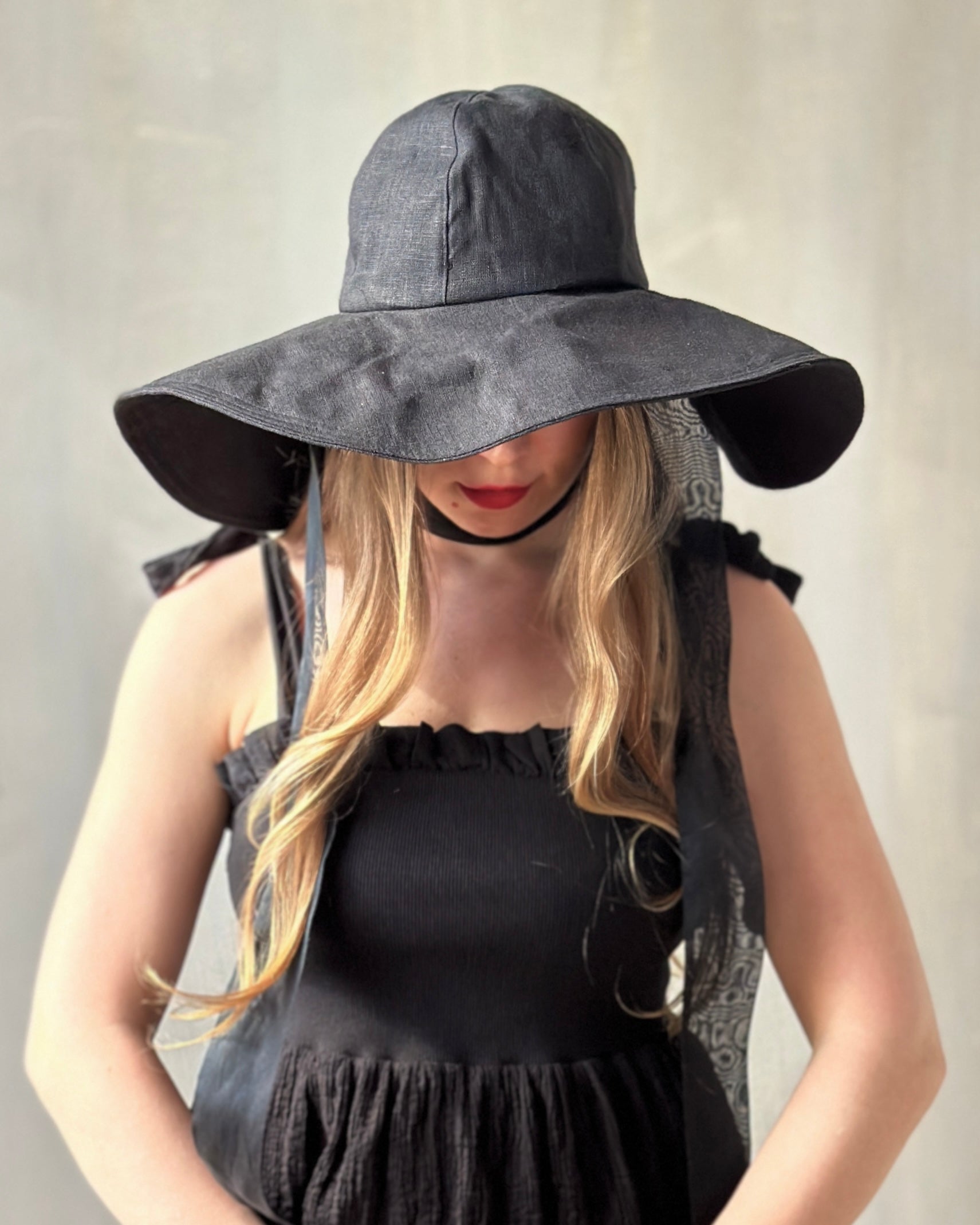 Black Linen Sun Hat with Silk Ties (Made-to-Order)