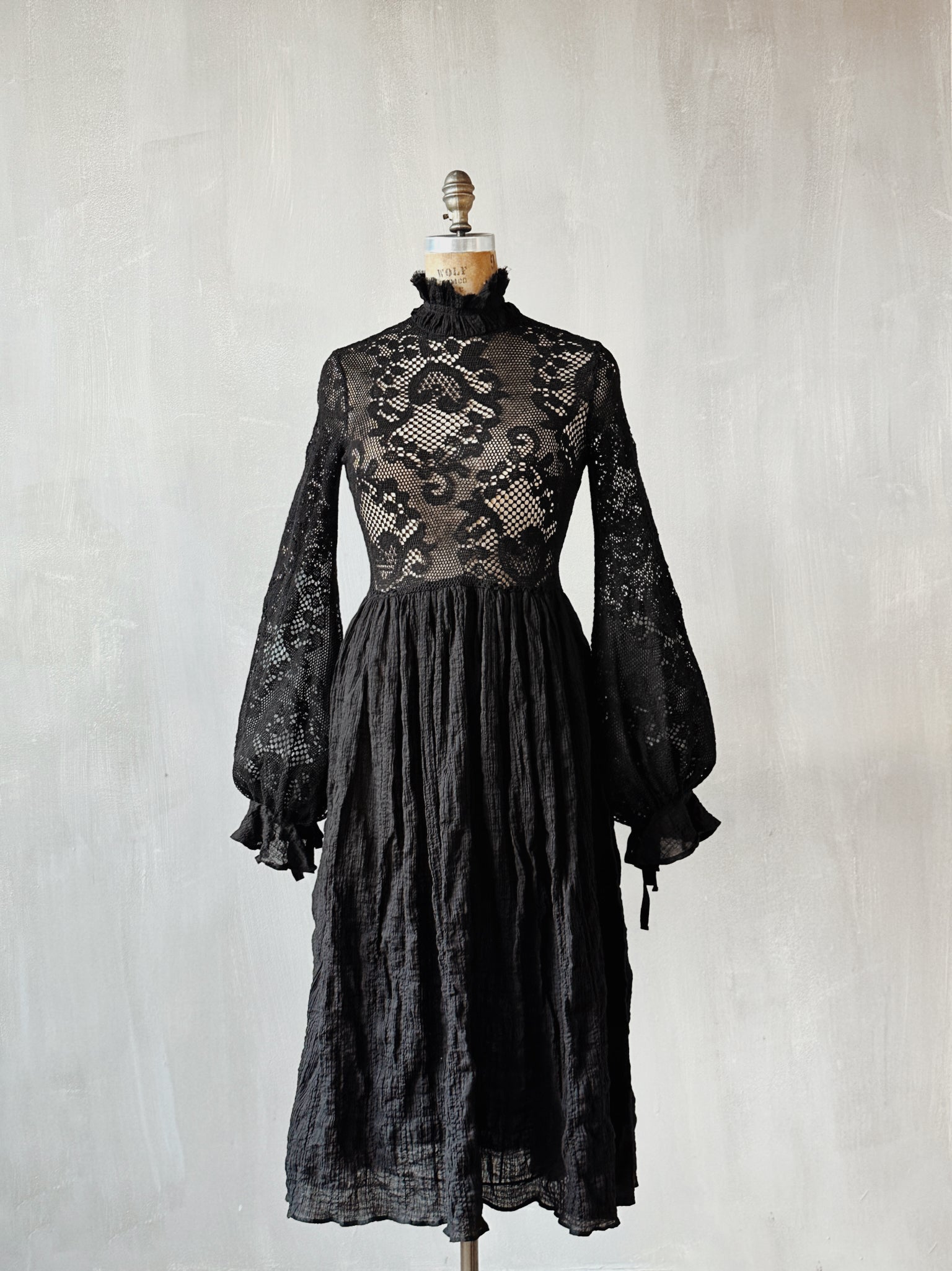 "Edith" Lace High Collar Dress in Black