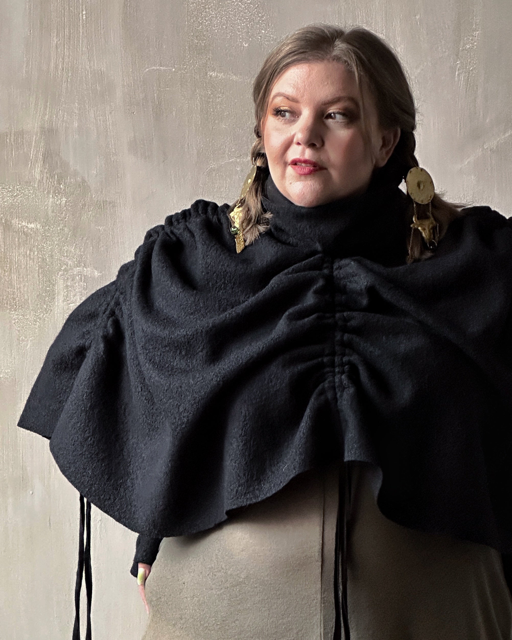 Ruched Capelet in Black Wool