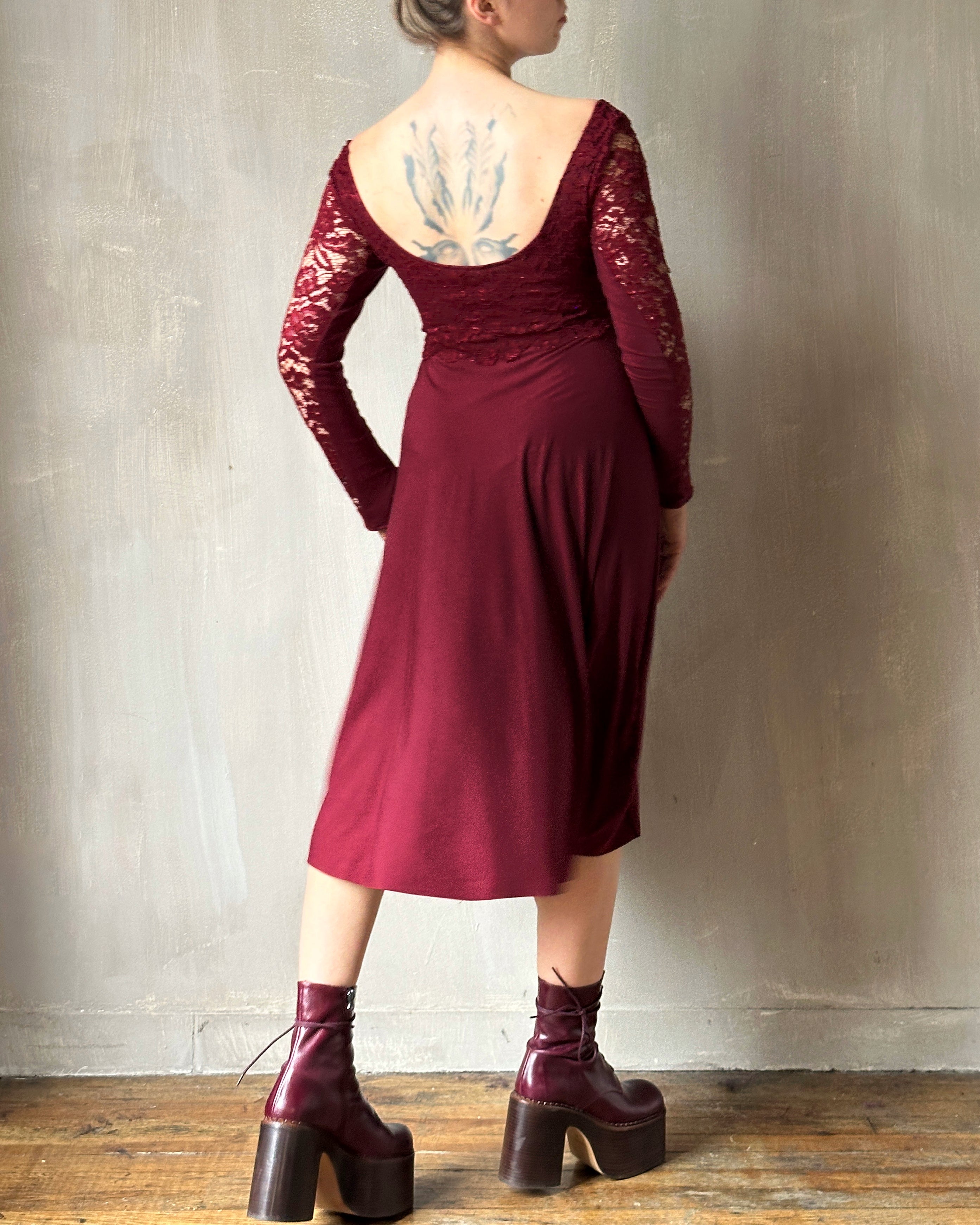 red lace overlay dress Tamara V-Neckline Ruched Long Sleeve Lace Mesh Dress Red