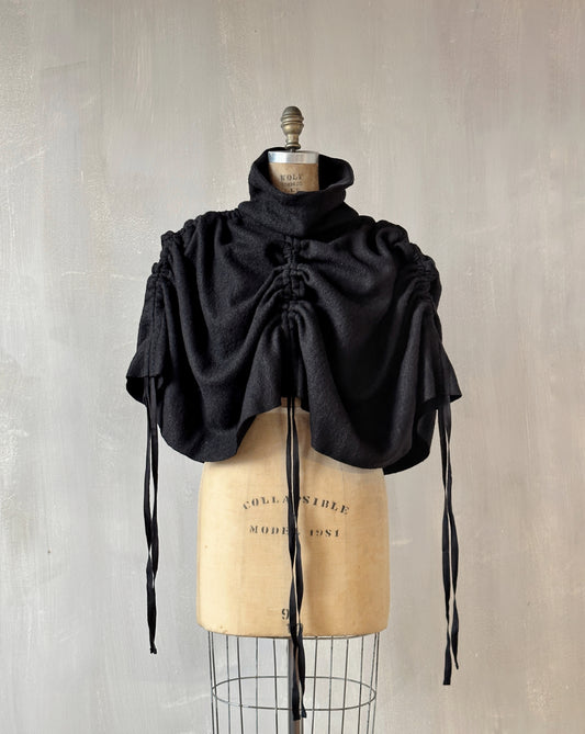 Ruched Capelet in Black Wool