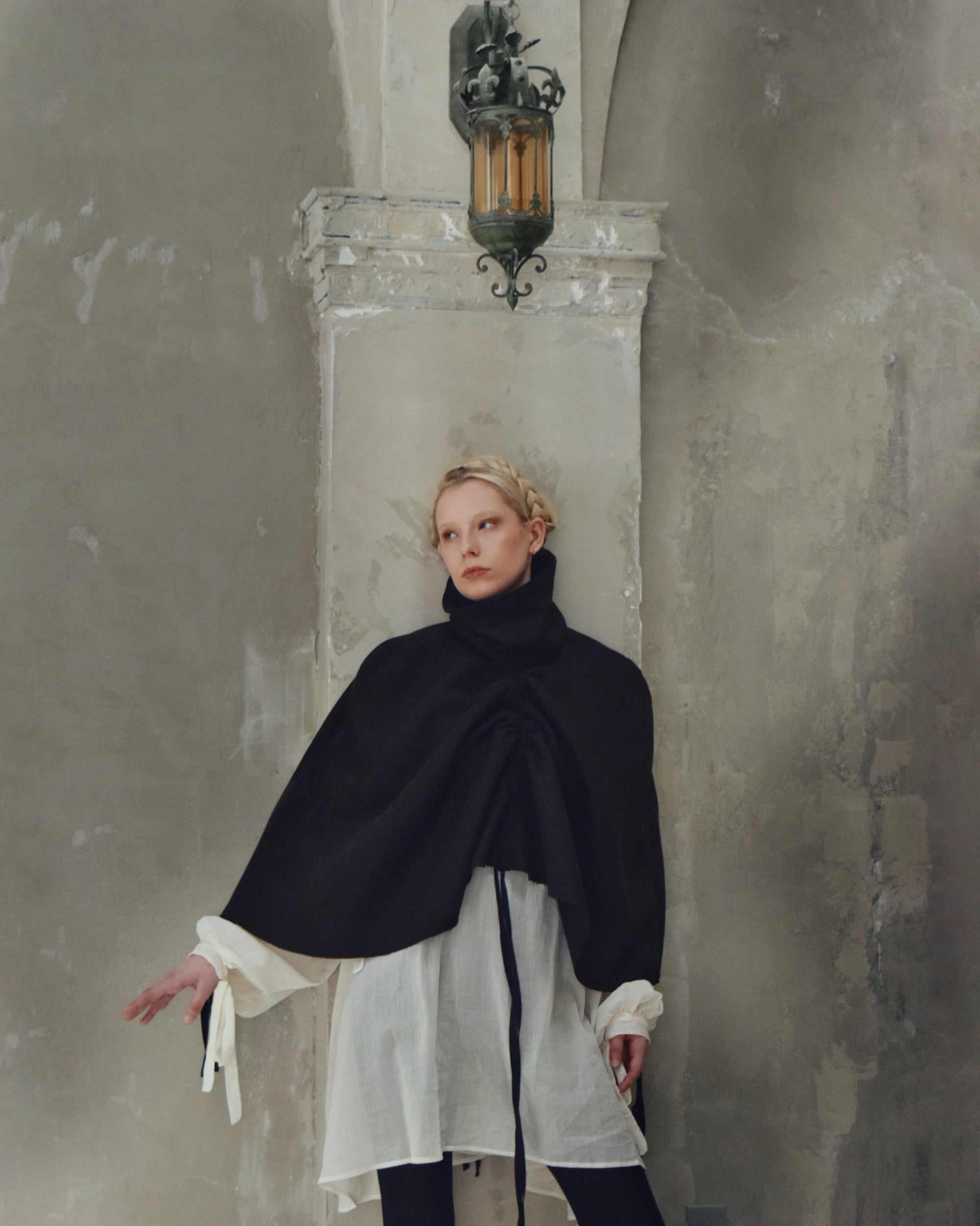 Ruched Capelet in Black Wool