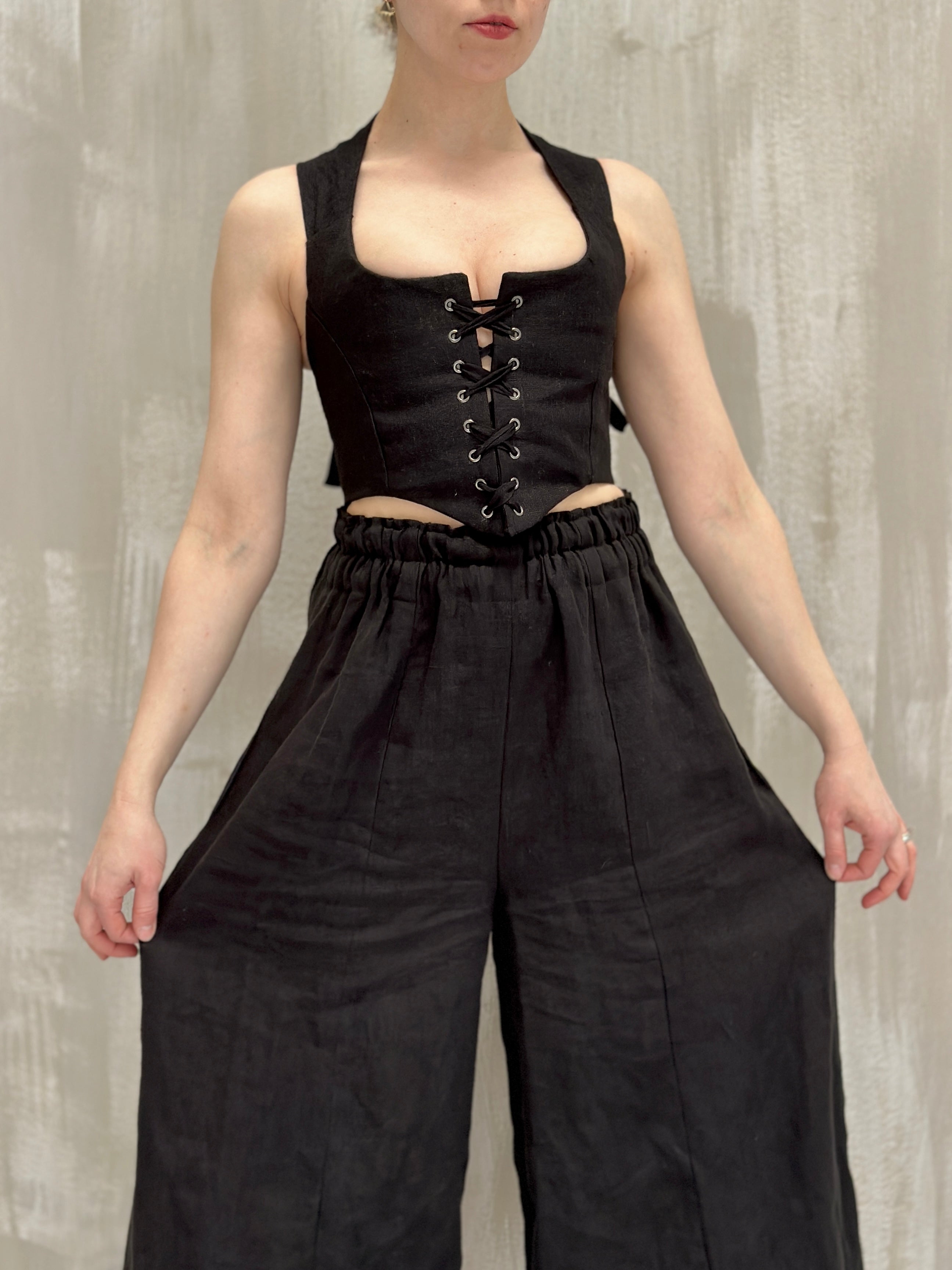 Wide Leg Linen Trousers (Soft Black)