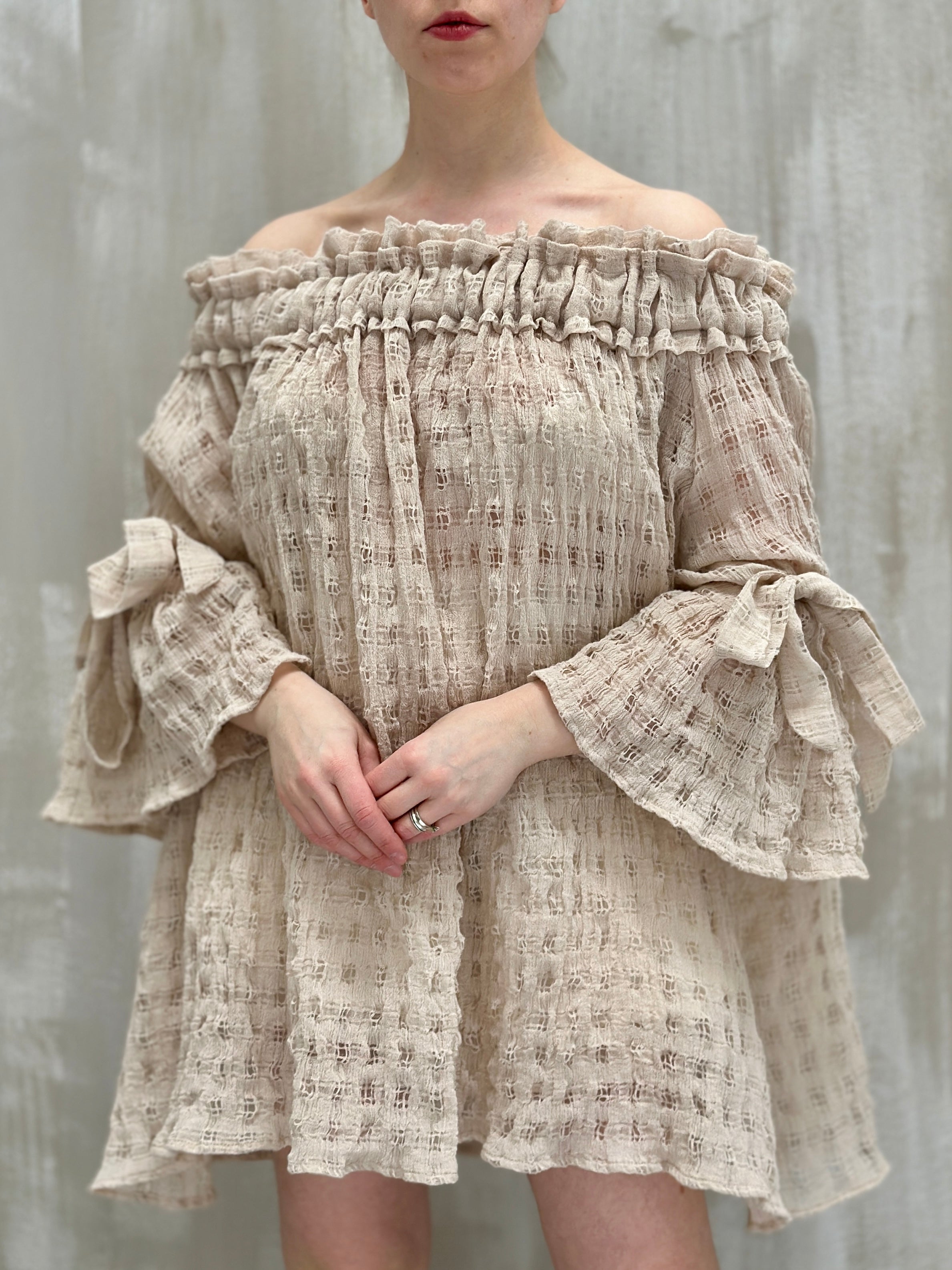 Paperbag Tunic in Linen Cotton Open Weave (Ecru)