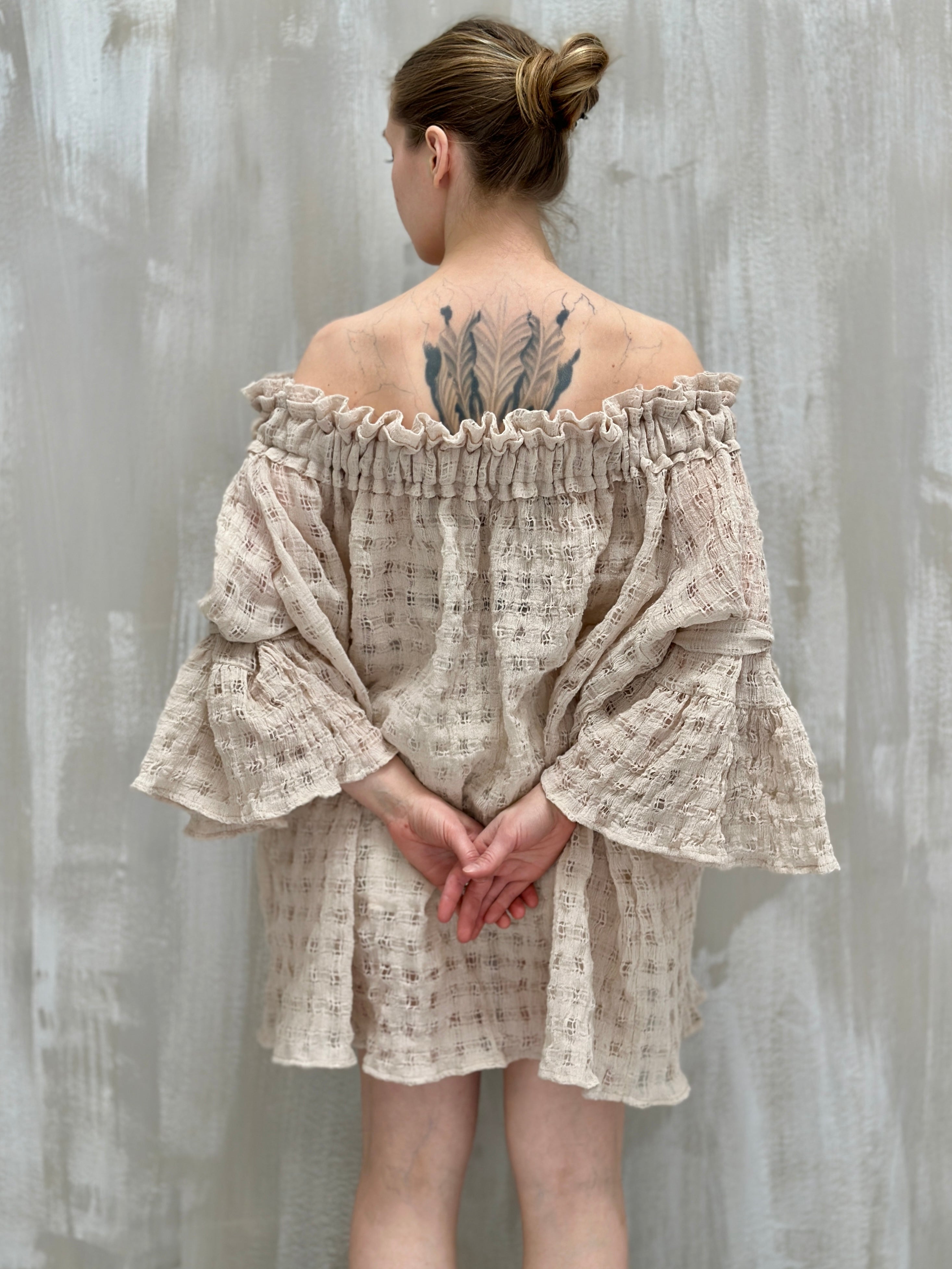 Paperbag Tunic in Linen Cotton Open Weave (Ecru)