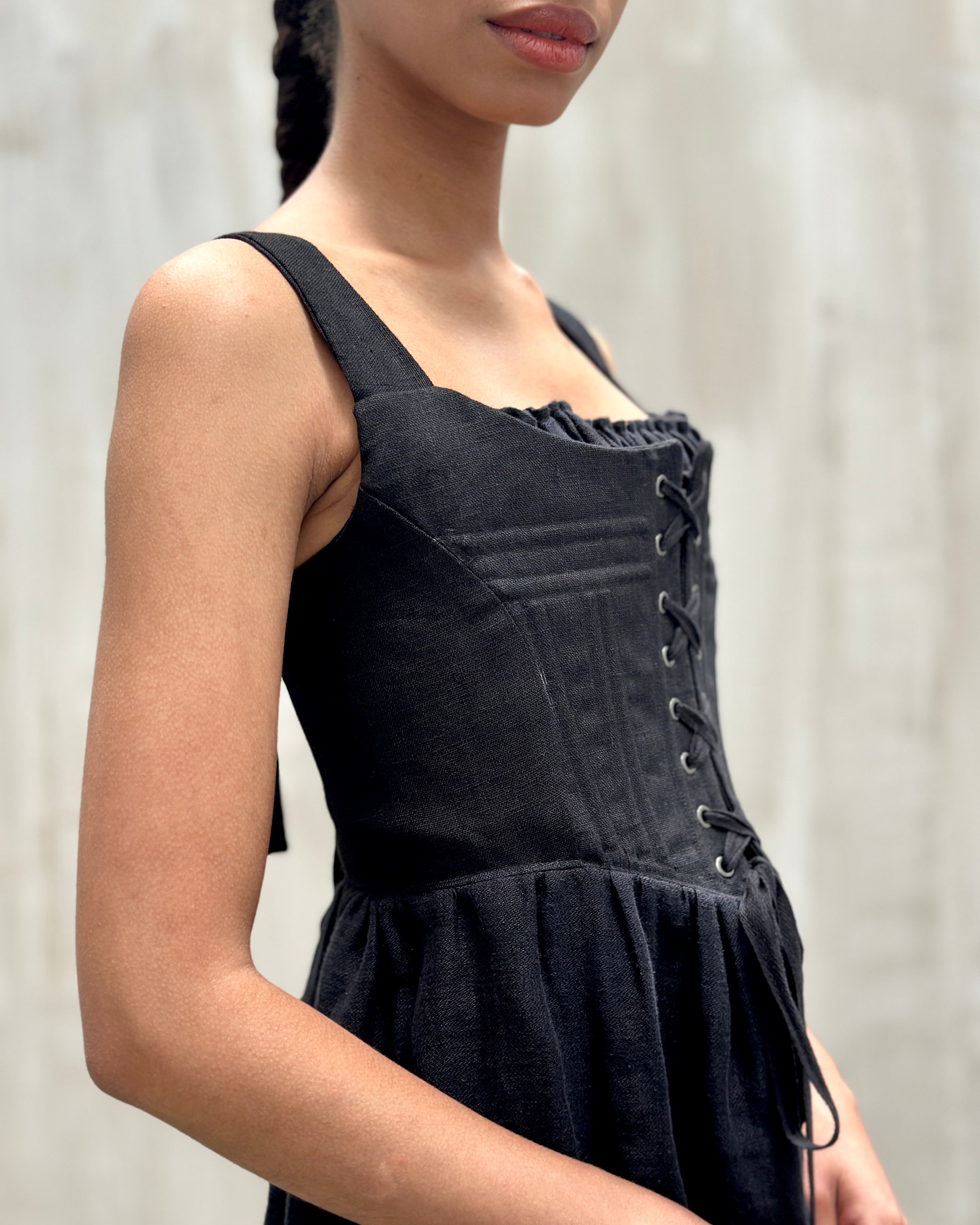 Caterina Stays Gown in Black Linen