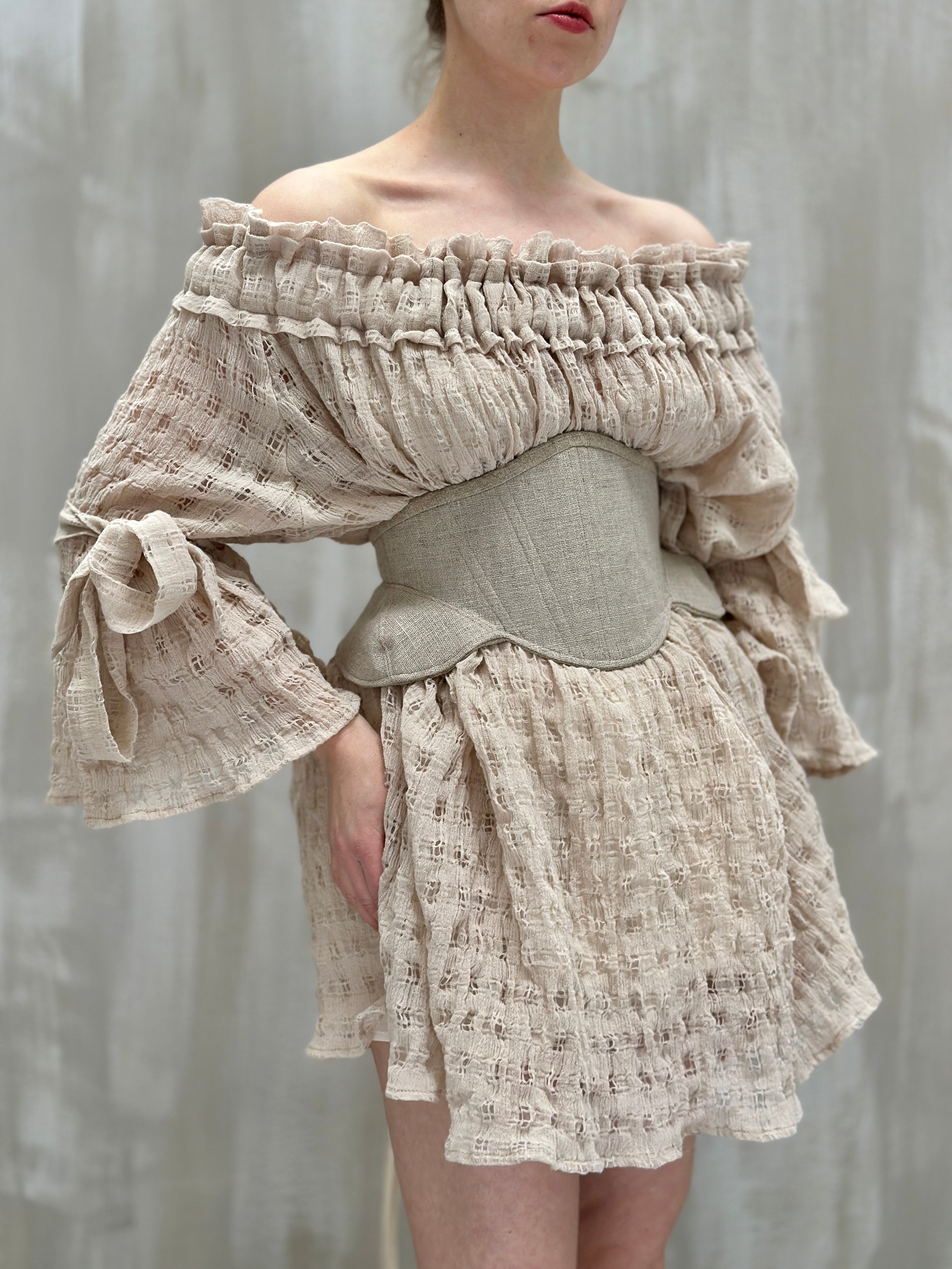 Paperbag Tunic in Linen Cotton Open Weave (Ecru)