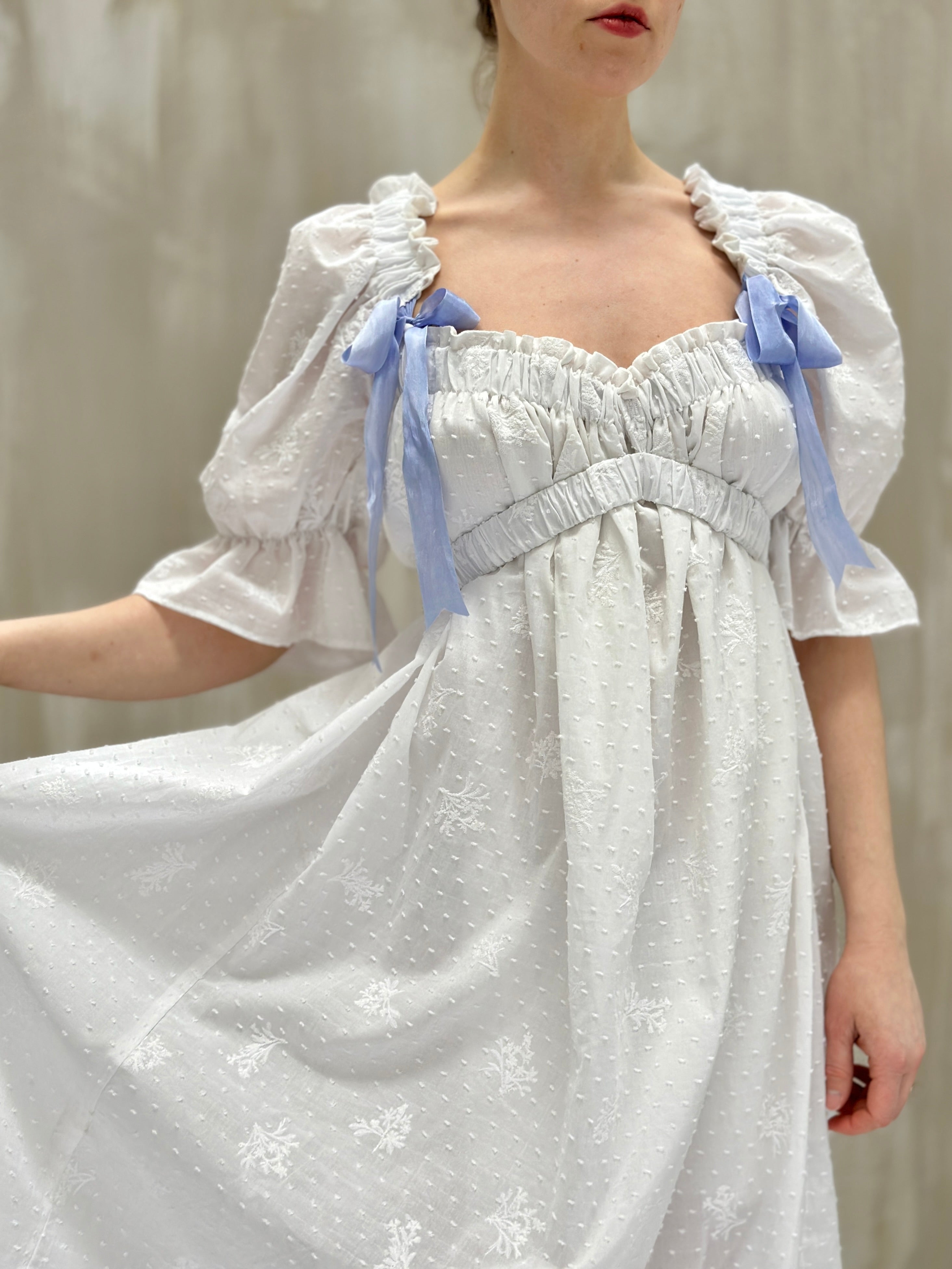 SS 2023: Regency Day Dress with Silk Bows (White Broderie)