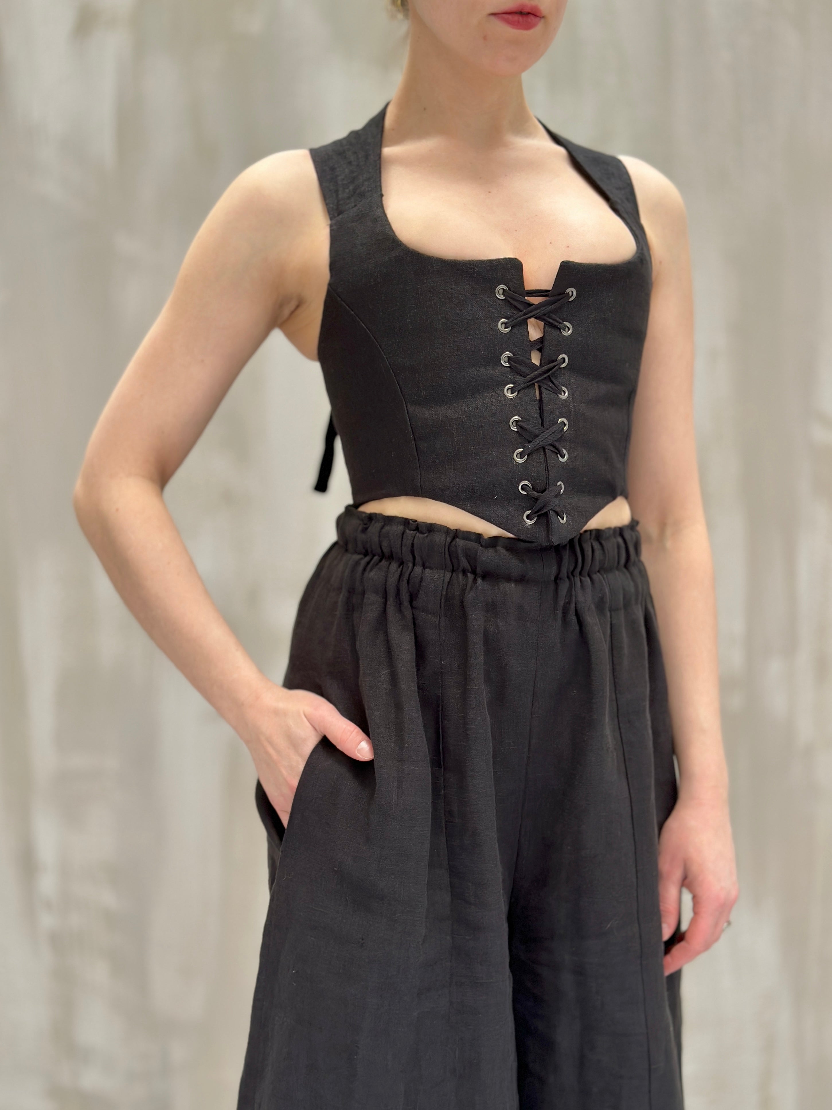 Wide Leg Linen Trousers (Soft Black)