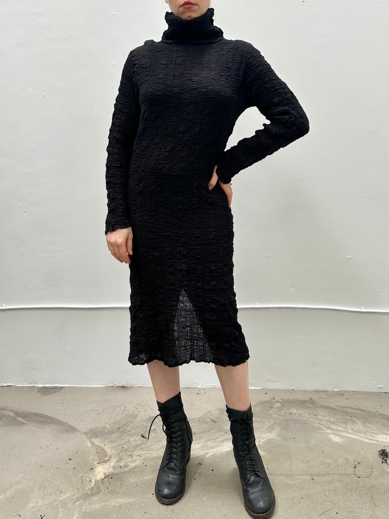 Sample Sale: Turtleneck Dress in Black Crinkled Cotton ( Size I and II)