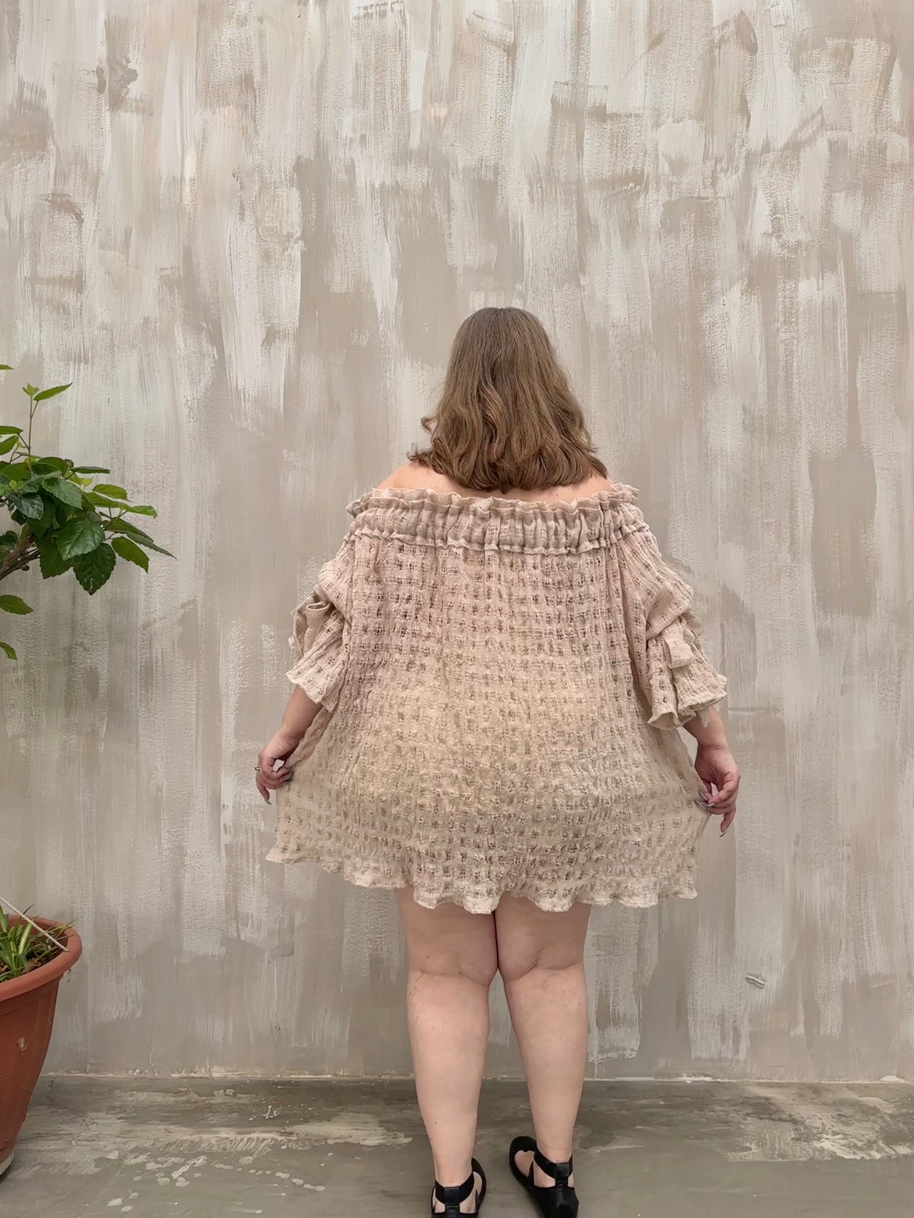 Paperbag Tunic in Linen Cotton Open Weave (Ecru)