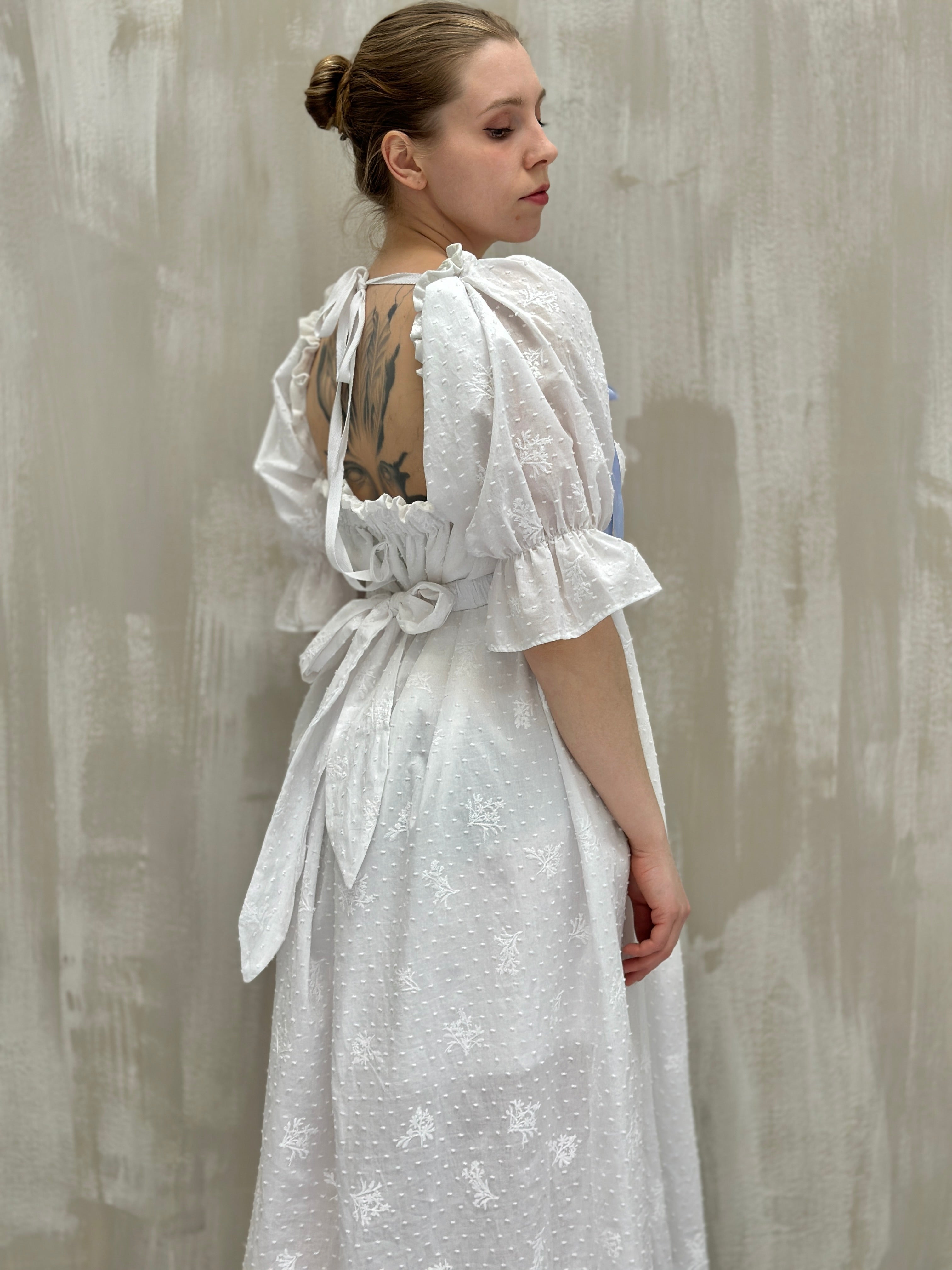 SS 2023: Regency Day Dress with Silk Bows (White Broderie)
