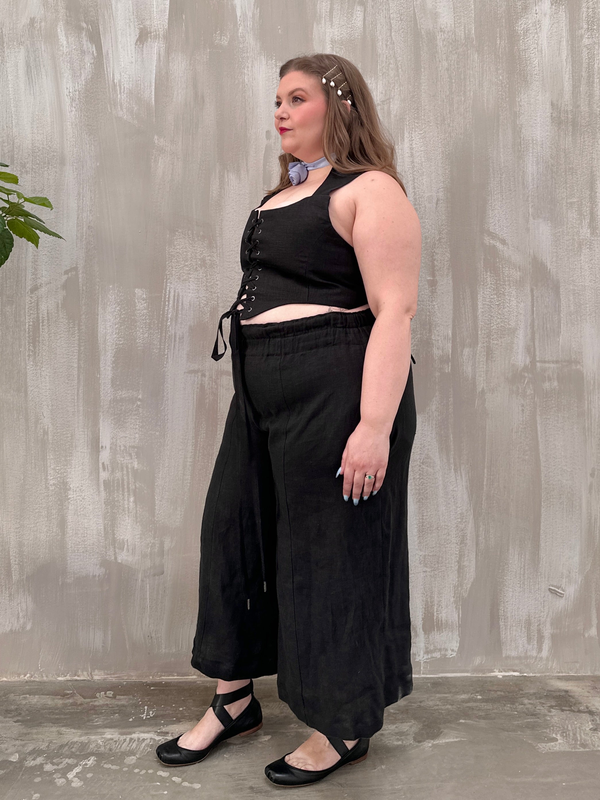 Wide Leg Linen Trousers (Soft Black)