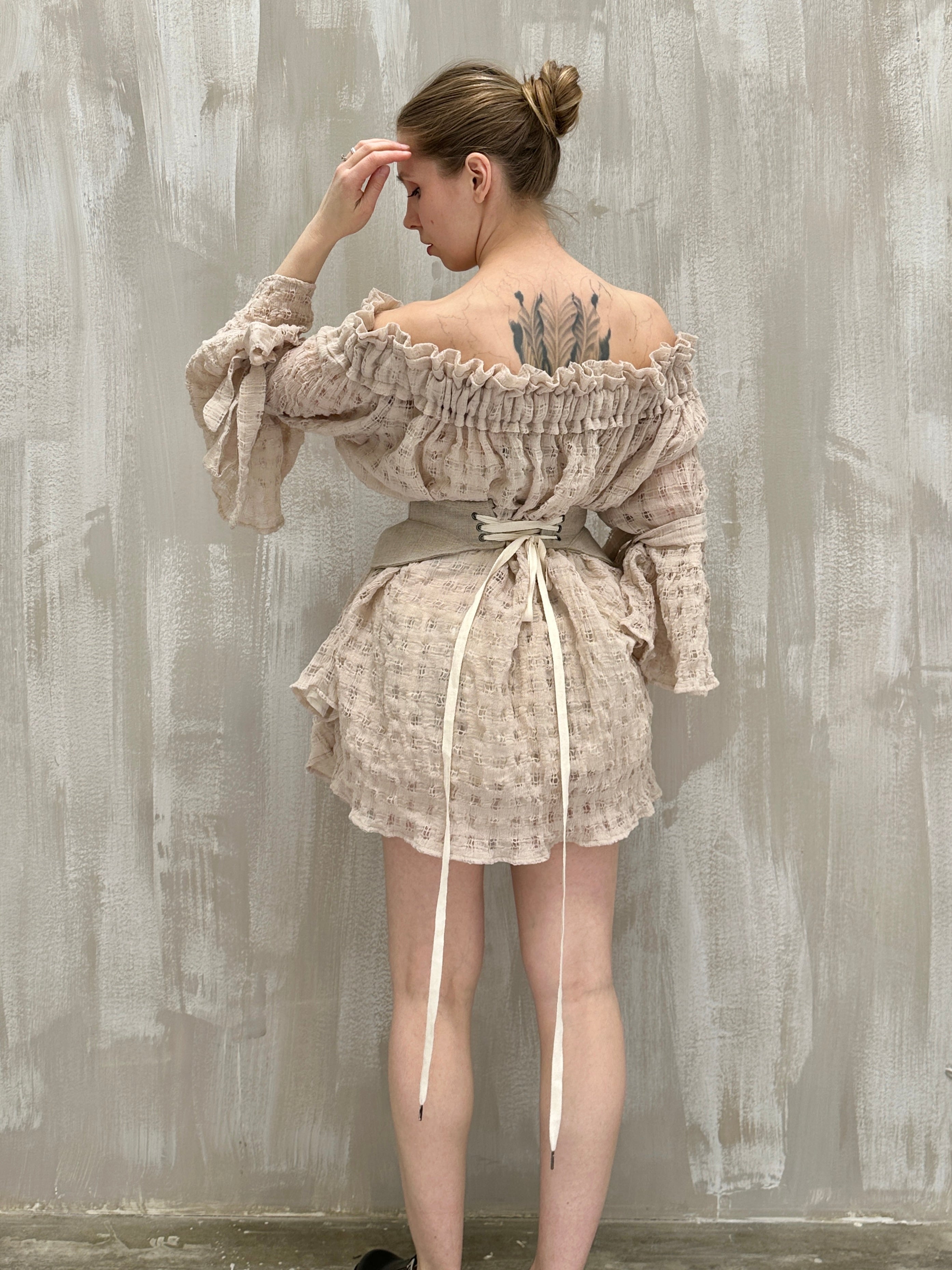 Paperbag Tunic in Linen Cotton Open Weave (Ecru)