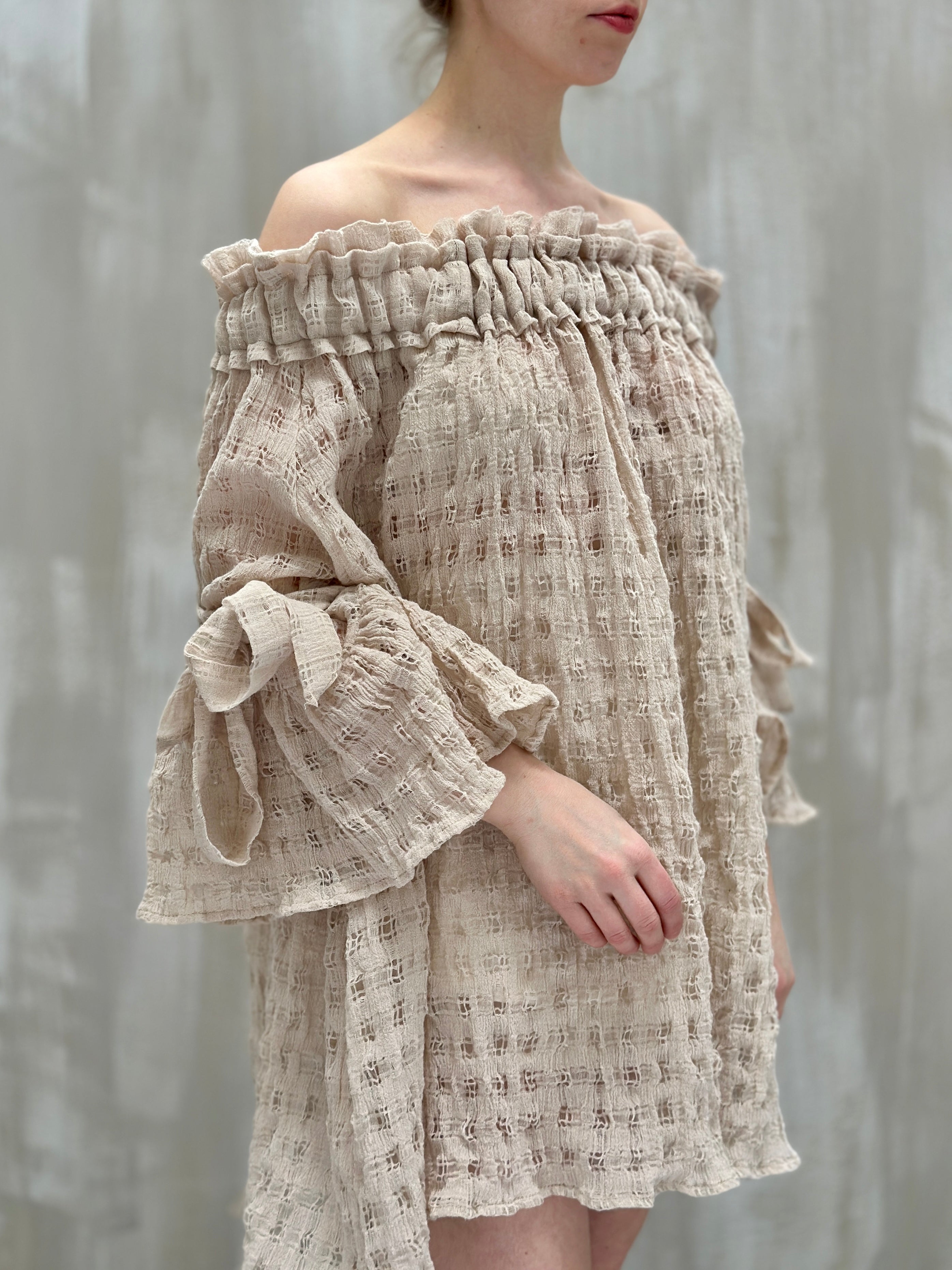 Paperbag Tunic in Linen Cotton Open Weave (Ecru)