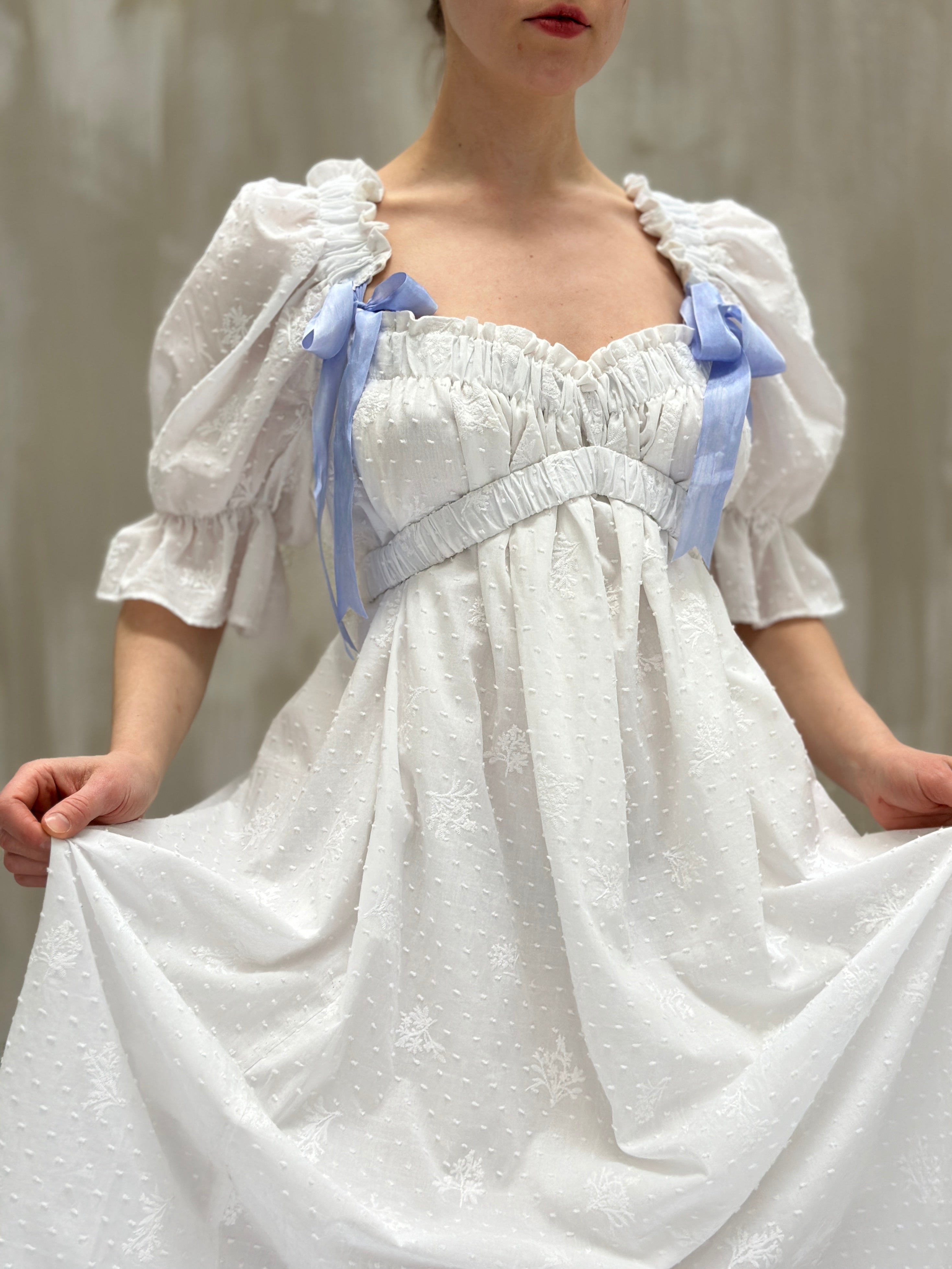 SS 2023: Regency Day Dress with Silk Bows (White Broderie)