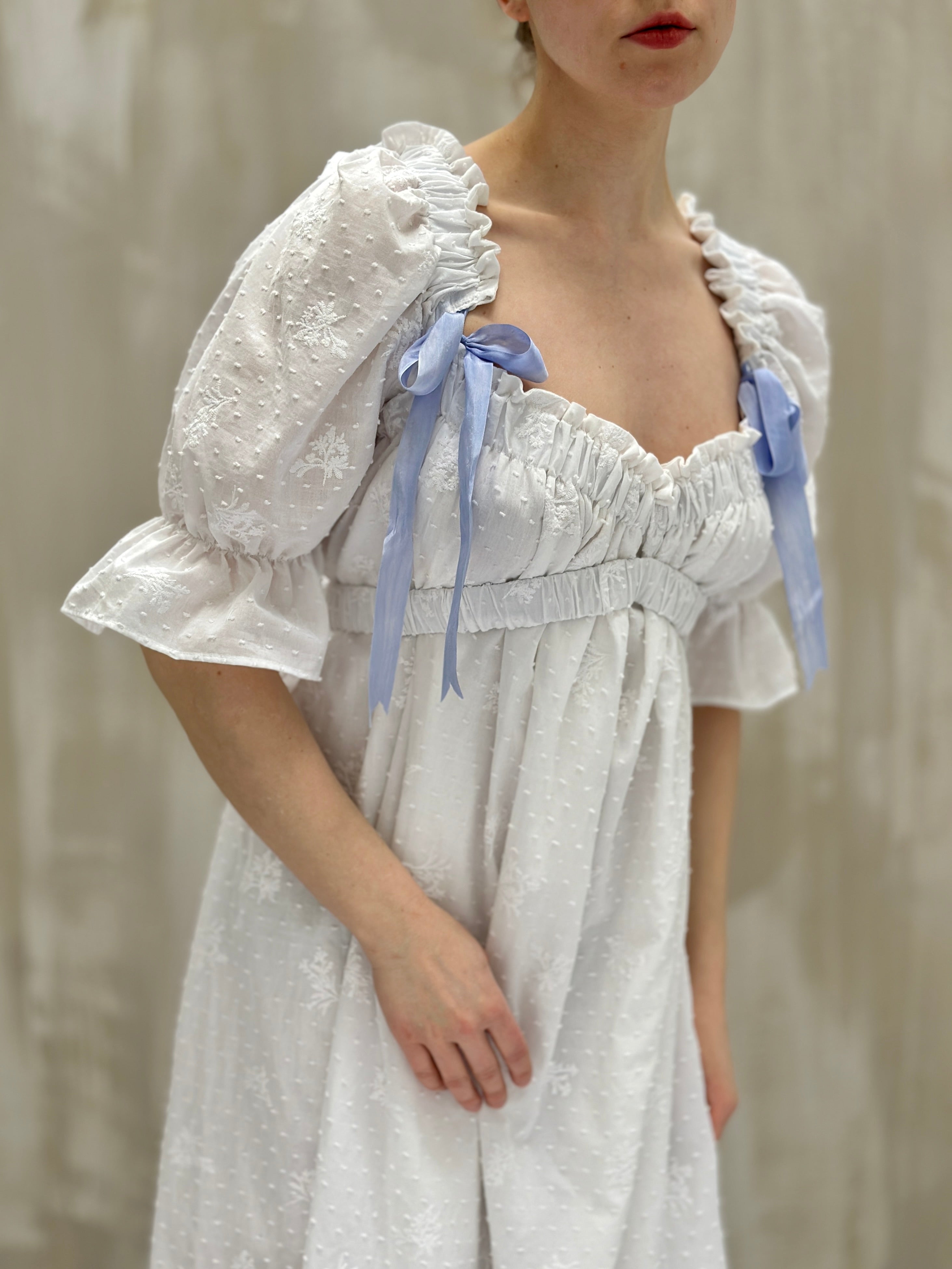 SS 2023: Regency Day Dress with Silk Bows (White Broderie)