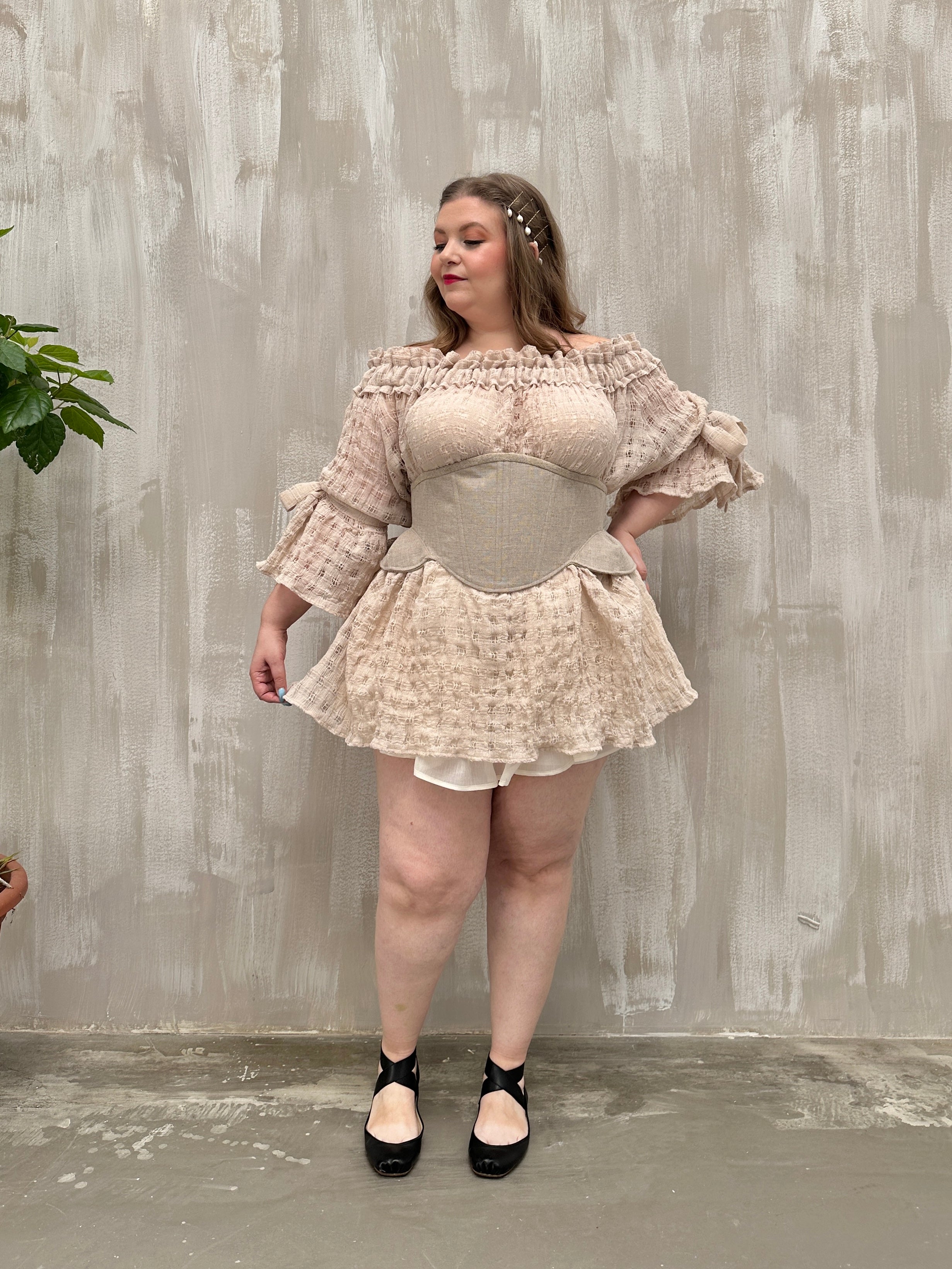 Paperbag Tunic in Linen Cotton Open Weave (Ecru)